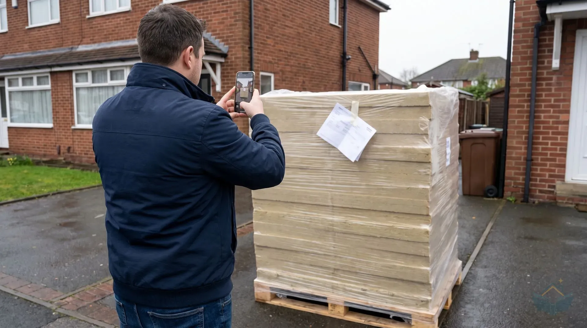 A homeowner photographs a pallet of delivered building materials on a driveway, with a printed delivery note visible on top of the stack. Shot from behind so their face is not shown.