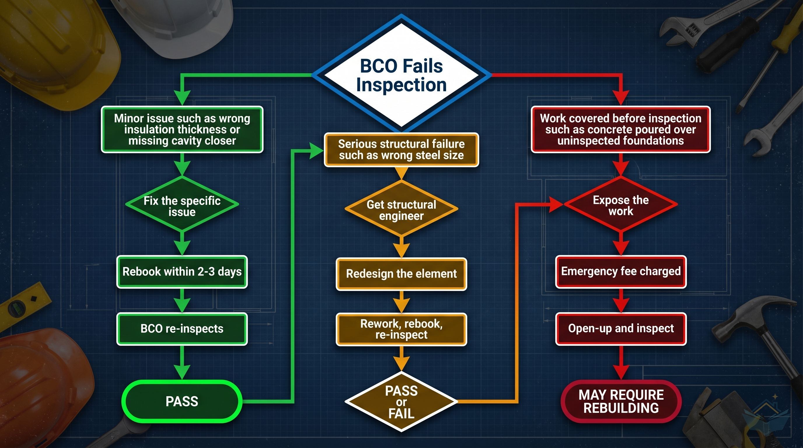 Inspection failure flowchart showing three paths: minor issue leads to fix and rebook; serious structural failure leads to professional assessment and rework; covered-up work leads to expose and rebuild with additional fee