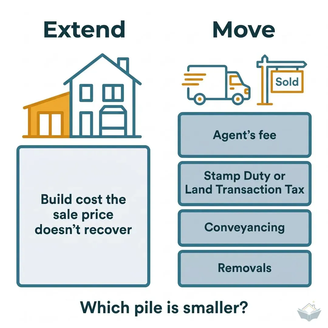 Extend against move: one block for the build cost the sale price doesn't recover, against four blocks for the agent's fee, Stamp Duty or Land Transaction Tax, conveyancing and removals, under the question which pile is smaller