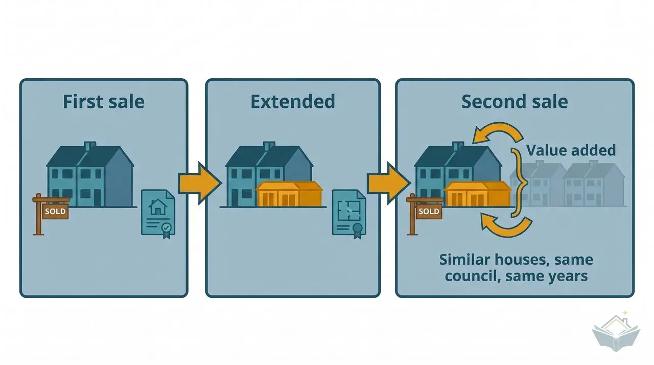 Three-step strip: a semi-detached house at its first sale, the same house extended, then its second sale beside a row of similar unextended houses in the same council and years, with the gap between them marked as value added