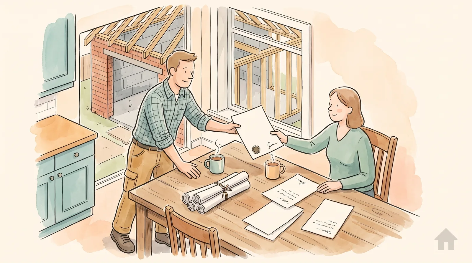 A builder handing insurance paperwork across a kitchen table to a homeowner, with extension drawings and two mugs of tea between them.