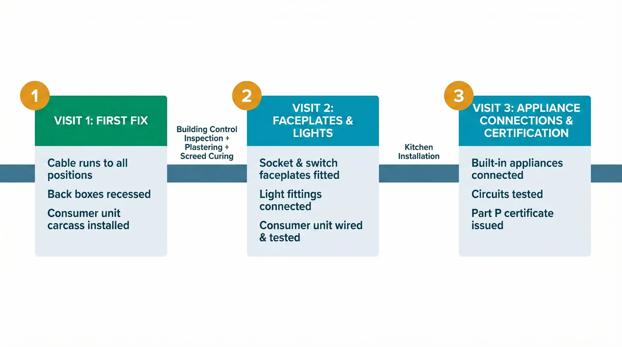 Timeline showing the three electrician visits during a kitchen extension build: Visit 1 covers first fix cable runs and back boxes, followed by building control inspection and plastering, then Visit 2 covers faceplates and lights, followed by kitchen installation, then Visit 3 covers appliance connections and Part P certification.
