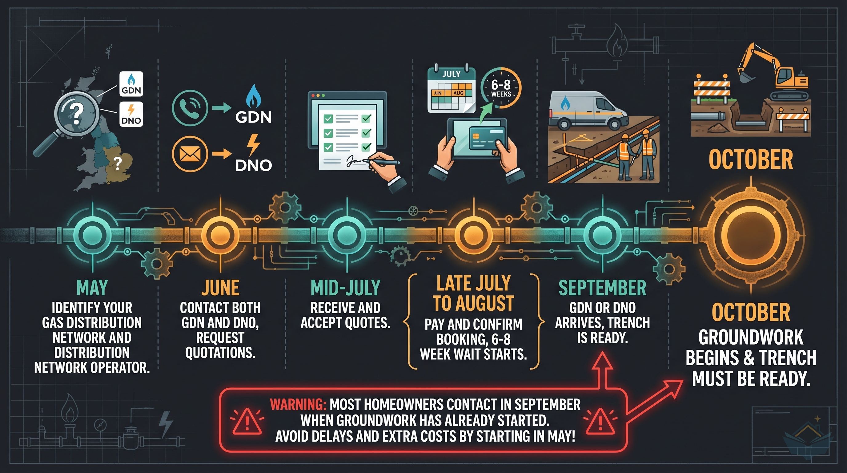 Backward-planning timeline for UK meter relocation: working right-to-left from October groundwork start, showing contact GDN/DNO in June, accept quotes in July, pay and book by late July, works complete by September before groundwork begins