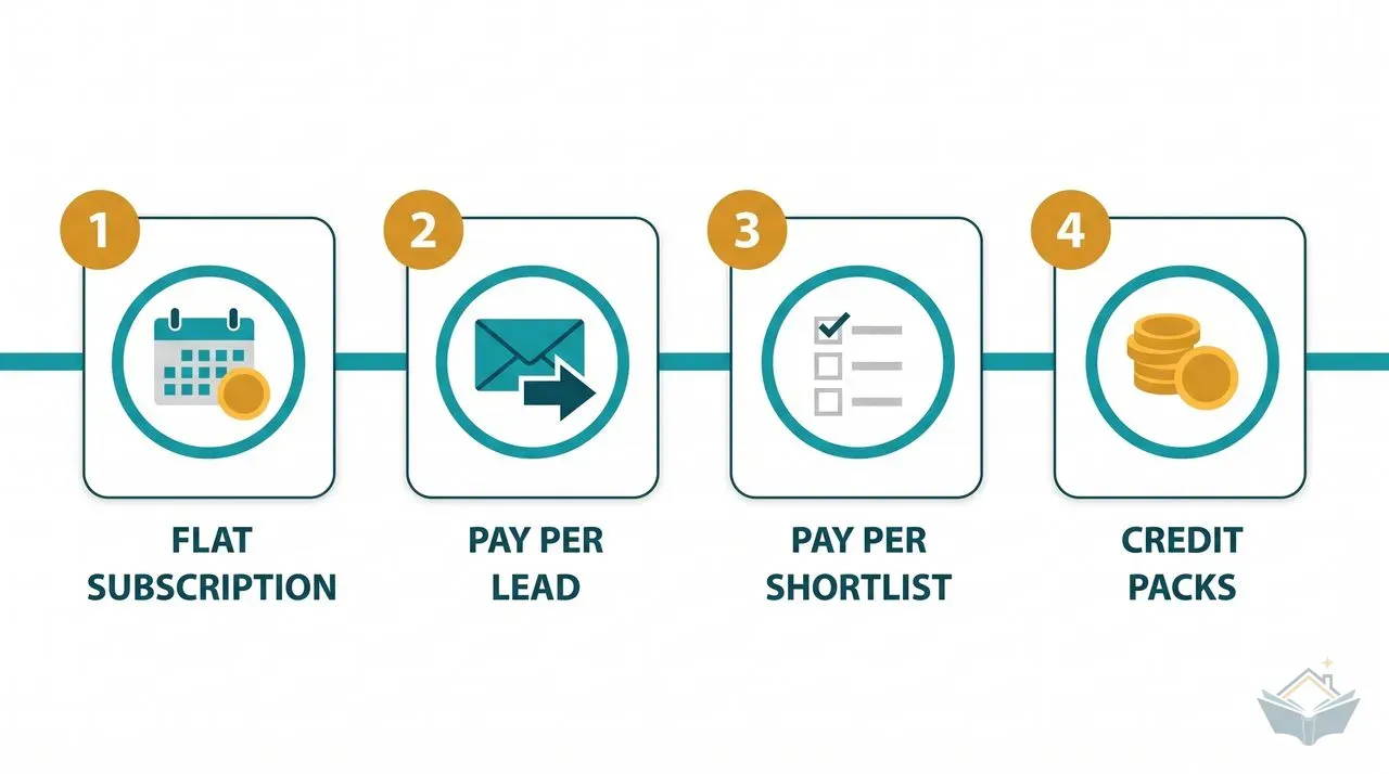 Flat vector infographic comparing four ways UK builder directories charge tradespeople: a calendar icon for flat subscription, an envelope icon for pay per lead, a checklist icon for pay per shortlist, and a stack of coins for credit packs, each inside a numbered teal circle on a white background