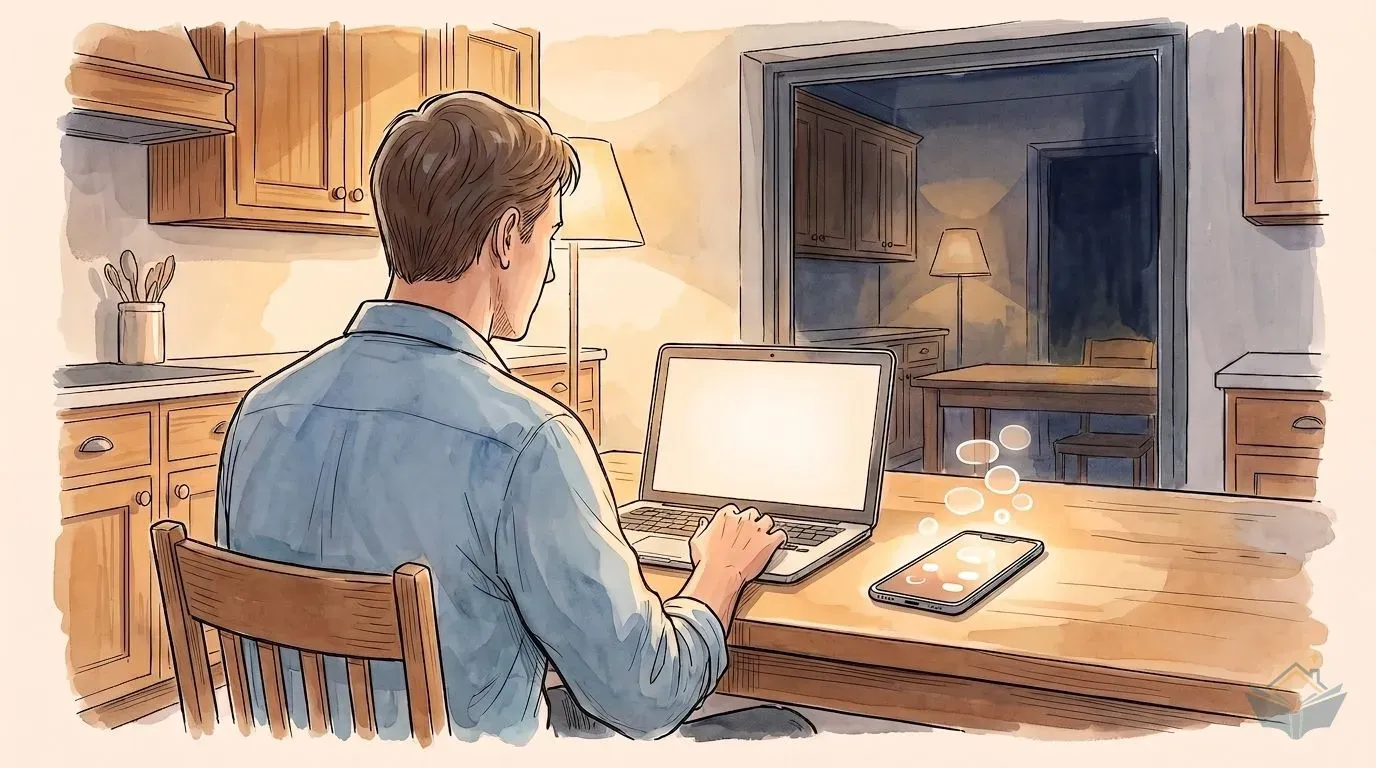 Watercolour illustration of a homeowner seen from behind at a wooden kitchen table in the evening, one hand resting near an open laptop with a job just posted, a mobile phone beside it glowing with several incoming call notifications at once, warm lamp light and a dark window behind them