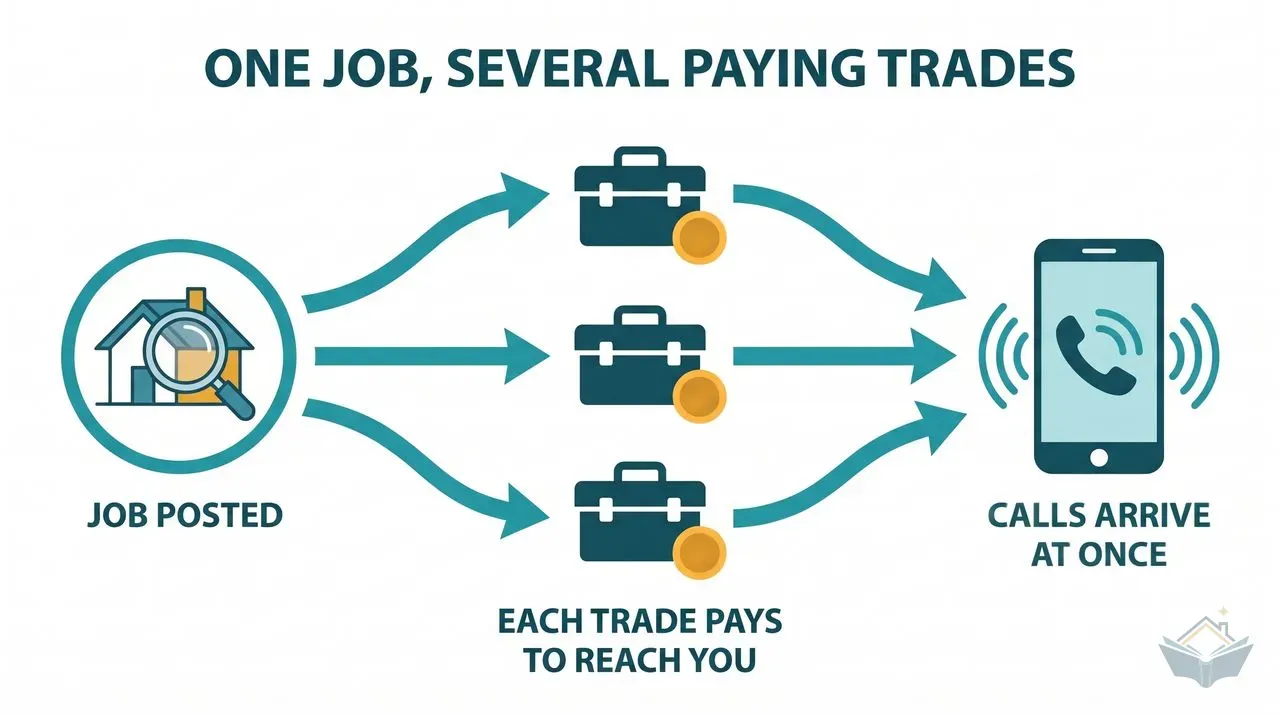 Flat vector flow diagram showing one posted job branching out to three identical generic trade icons, each paying a coin to reach the homeowner, with all three arrows converging on a phone icon ringing with multiple overlapping call waves, captioned One job, several paying trades