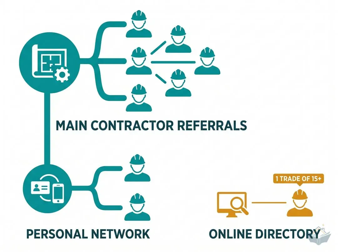 Flat vector network diagram showing how trades were sourced on one documented 55 square metre kitchen extension: a cluster of generic trade icons branching from a main contractor referral hub, two more trades from a personal network hub, and a single isolated trade icon connected to a computer icon labelled online directory, marked one trade of fifteen plus