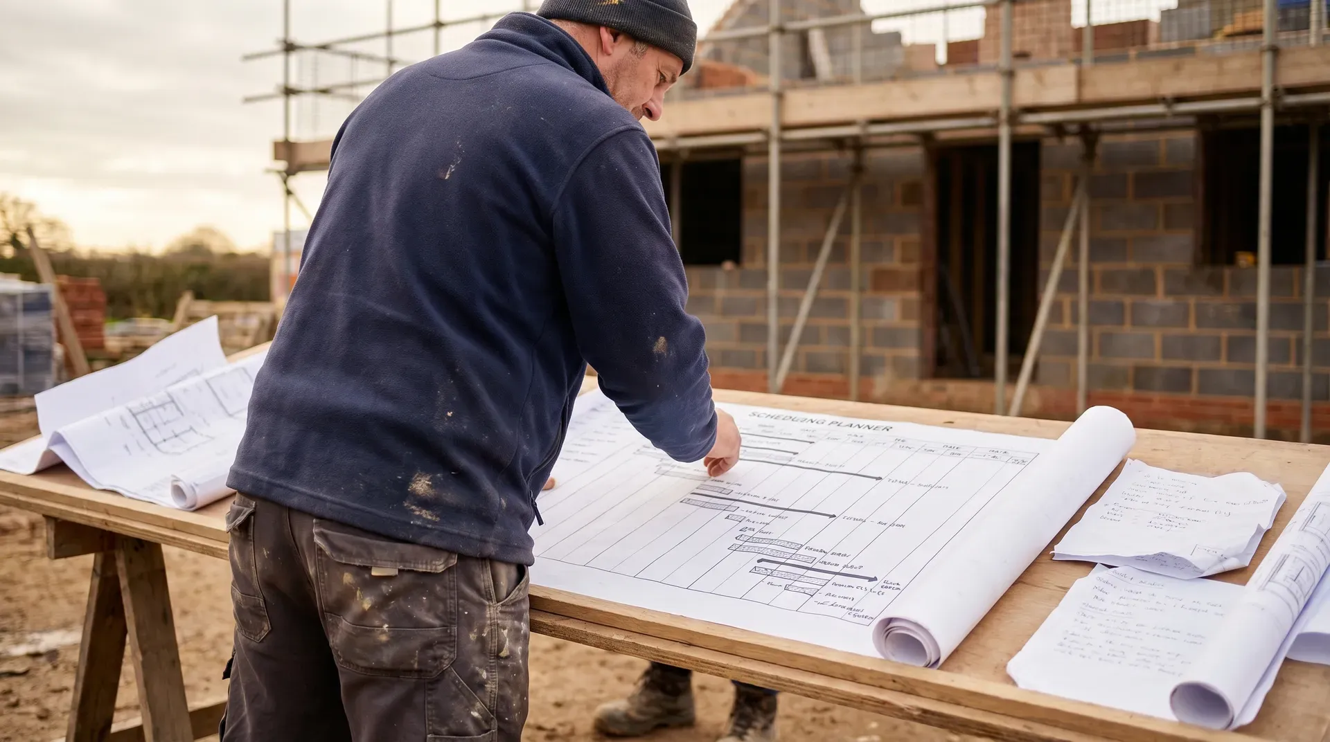 Builder reviewing a multi-project schedule at a construction site table