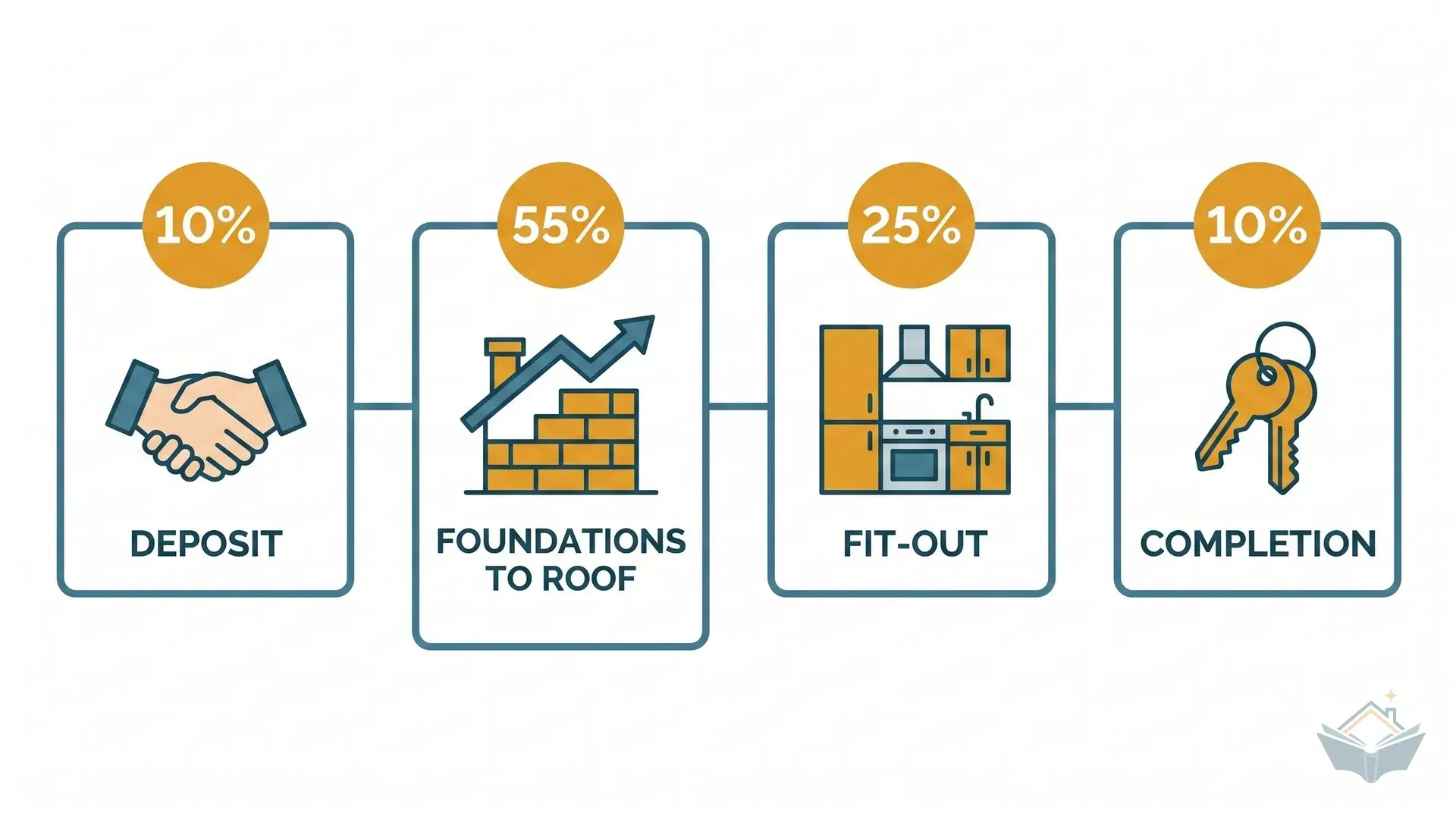 Flat vector diagram of a four-stage builder payment schedule: deposit 10%, foundations to roof 55%, fit-out 25%, completion 10%, each with a simple line icon