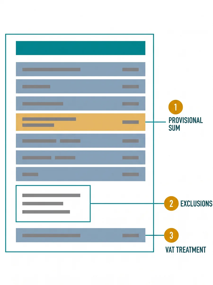 Annotated diagram of a builder's quote document with callouts marking where provisional sums, exclusions and VAT treatment appear