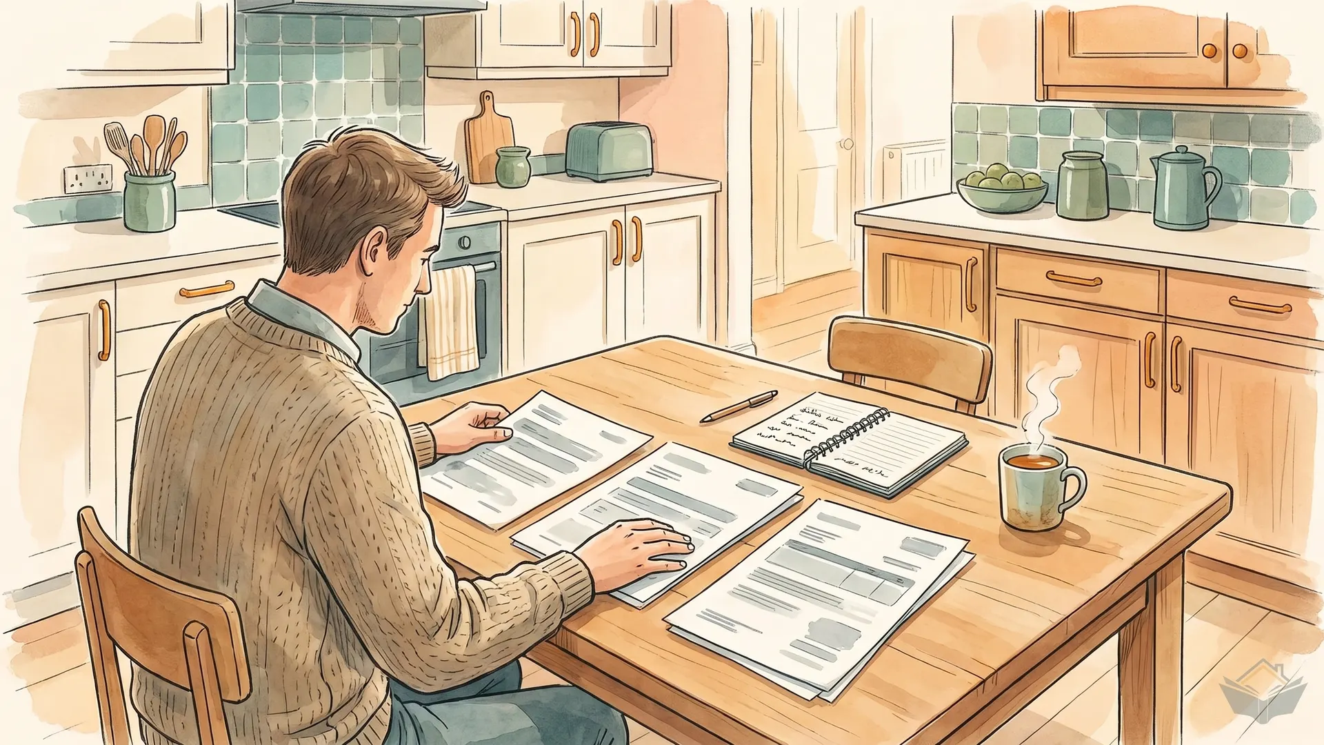 A homeowner at a kitchen table lining up three builder quotes side by side with a notepad and highlighter