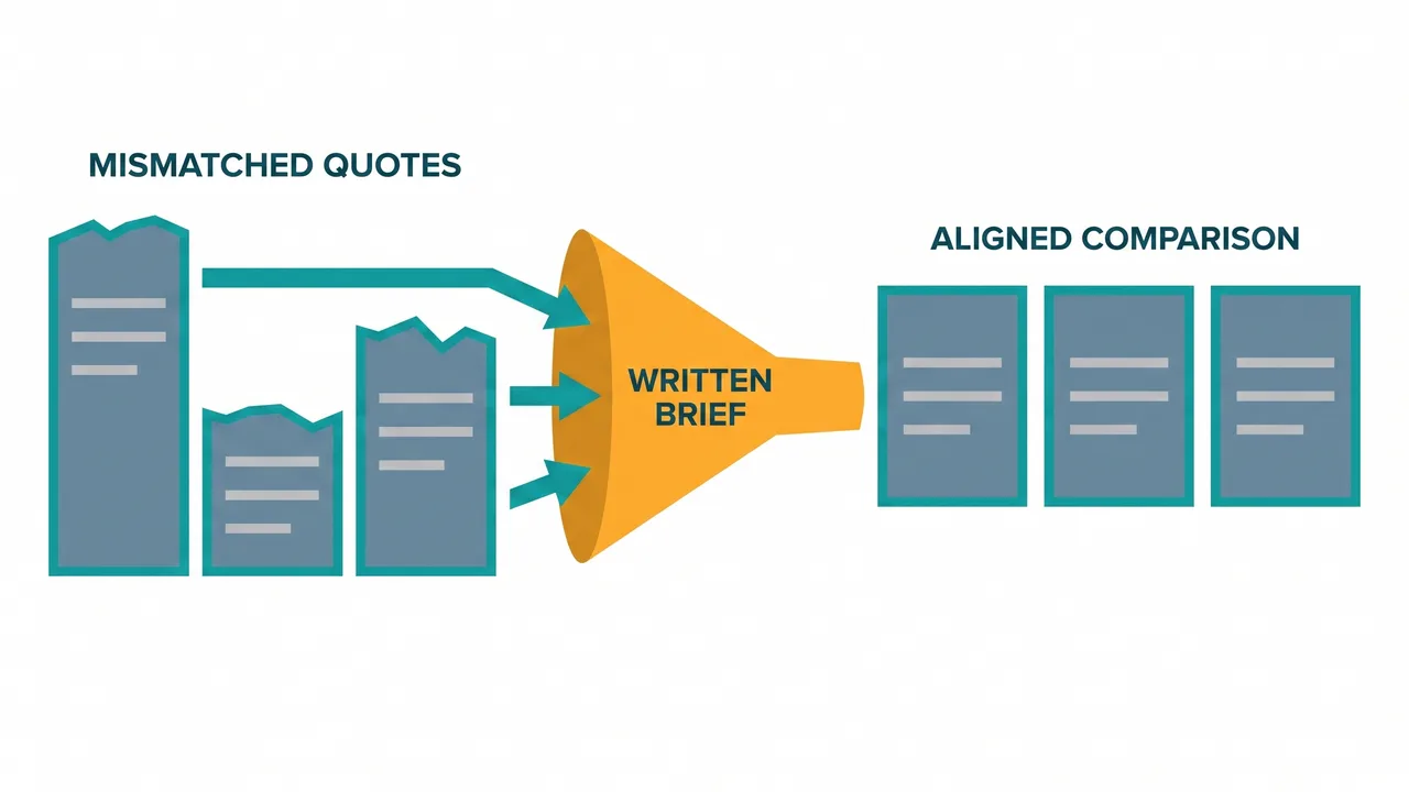 Flow diagram showing three mismatched builder quotes passing through a common written brief and emerging as three aligned like-for-like columns