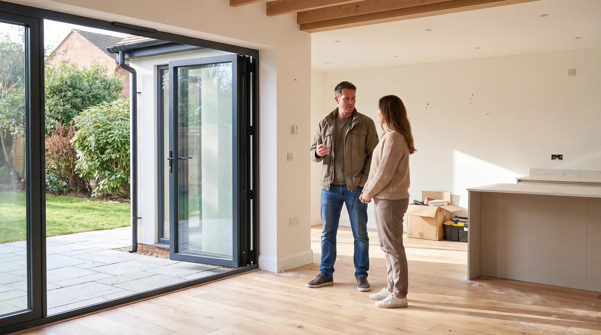 Homeowner visiting a builder's completed extension and speaking with the previous client