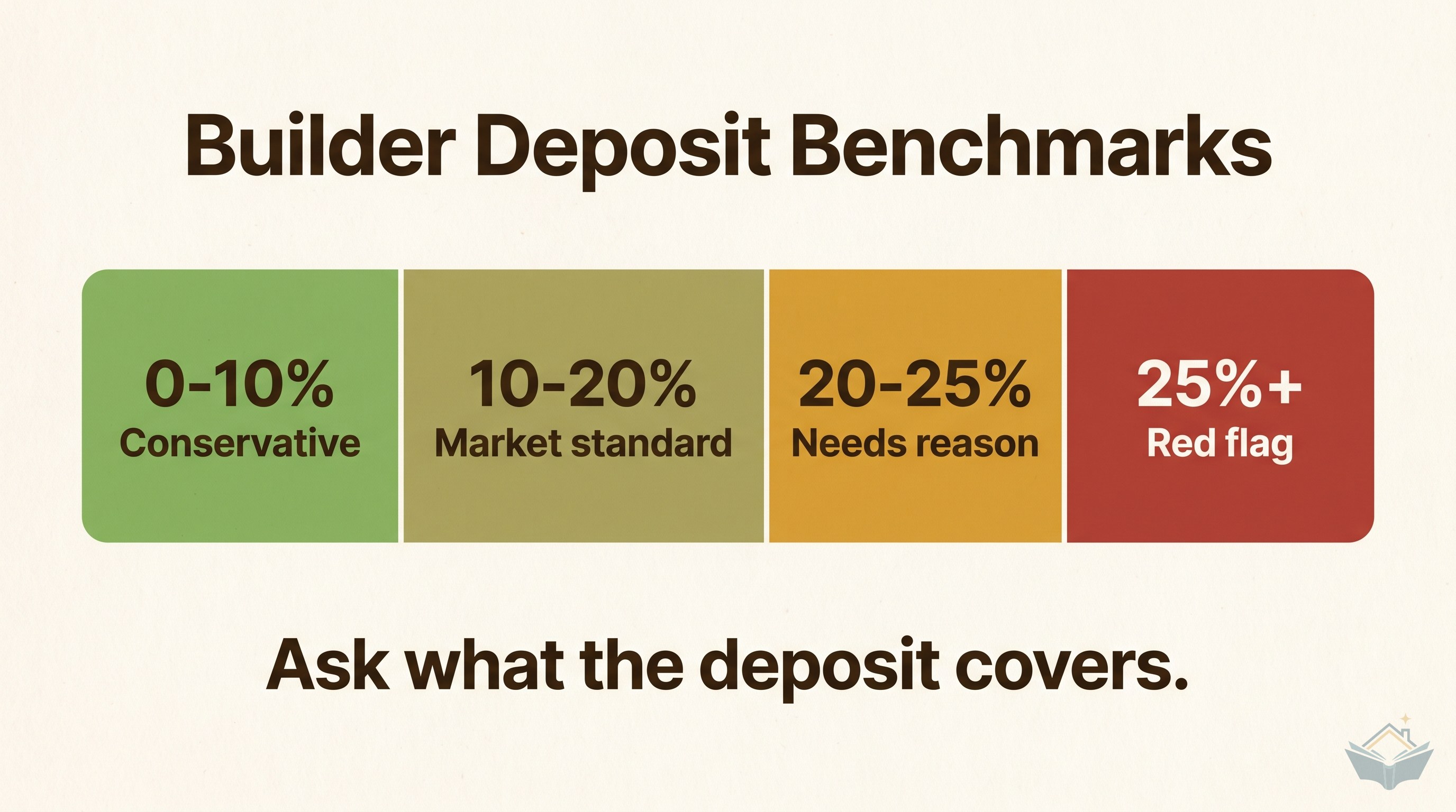 Builder deposit benchmark gauge: 0-10% conservative, 10-20% market standard, 20-25% needs justification, above 25% red flag.