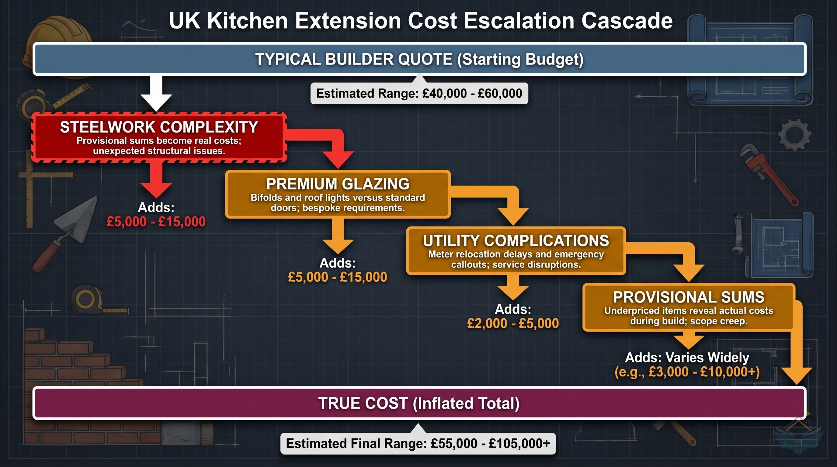 Cost escalation cascade chart showing how a UK kitchen extension budget overruns: steelwork complexity adds £5,000-15,000, premium glazing adds £5,000-15,000, utility complications add £2,000-5,000, and provisional sums reveal true costs, from builder quote to actual total