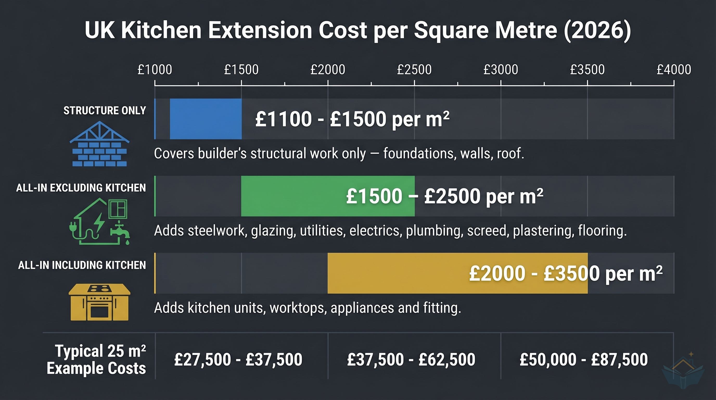 Three-band cost per square metre comparison for a UK kitchen extension in 2026: structure only at £1,100-1,500/m2, all-in excluding kitchen at £1,500-2,500/m2, all-in including a mid-to-premium kitchen package at £2,000-3,500/m2, shown as proportional horizontal bands with 25m2 example totals