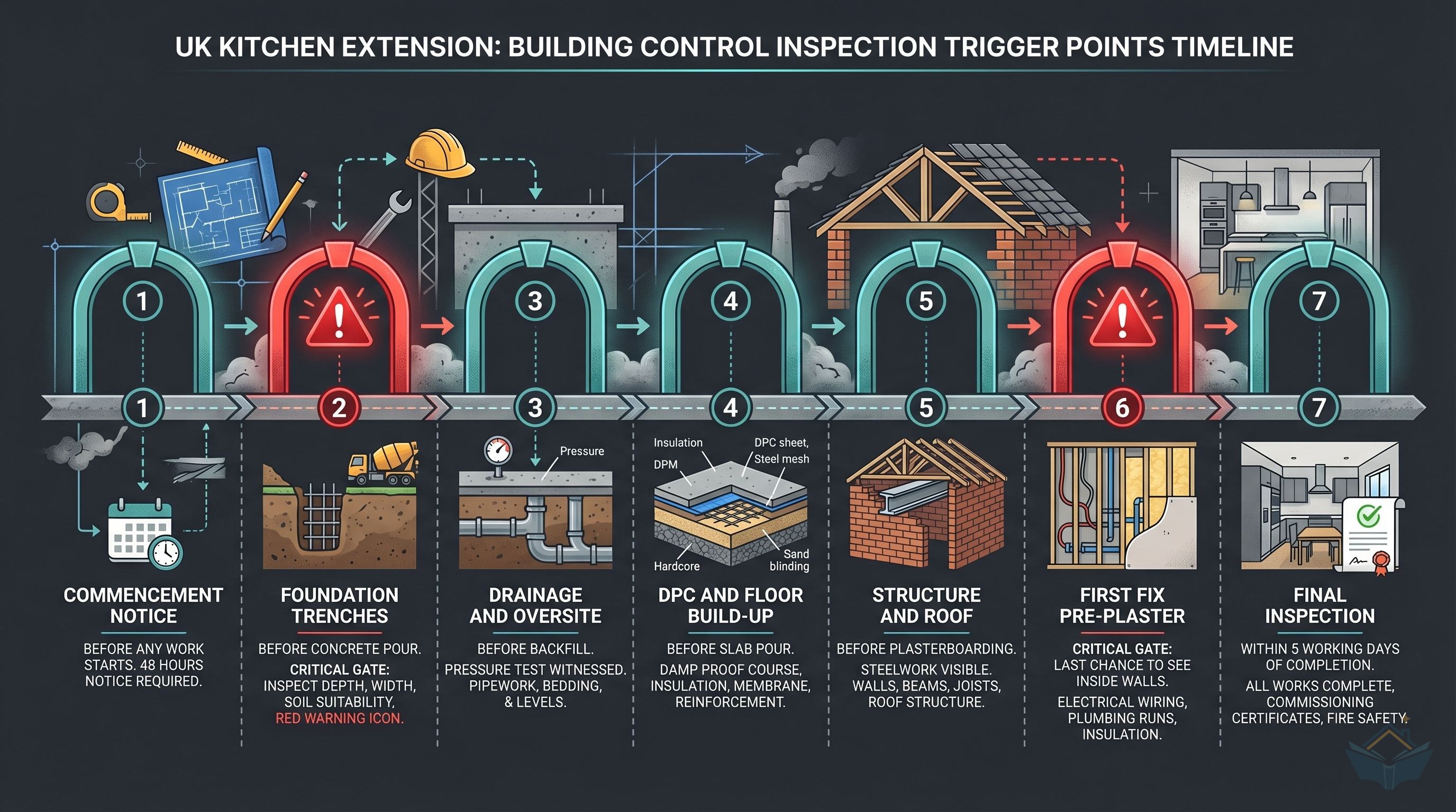 Building control checkpoint timeline for a UK kitchen extension: 7 BCO inspection gates from Commencement Notice through Foundation Trenches, Drainage, DPC, Structure, First Fix Pre-Plaster (critical), to Final Inspection. Gates 2 and 6 are highlighted as critical hold points.