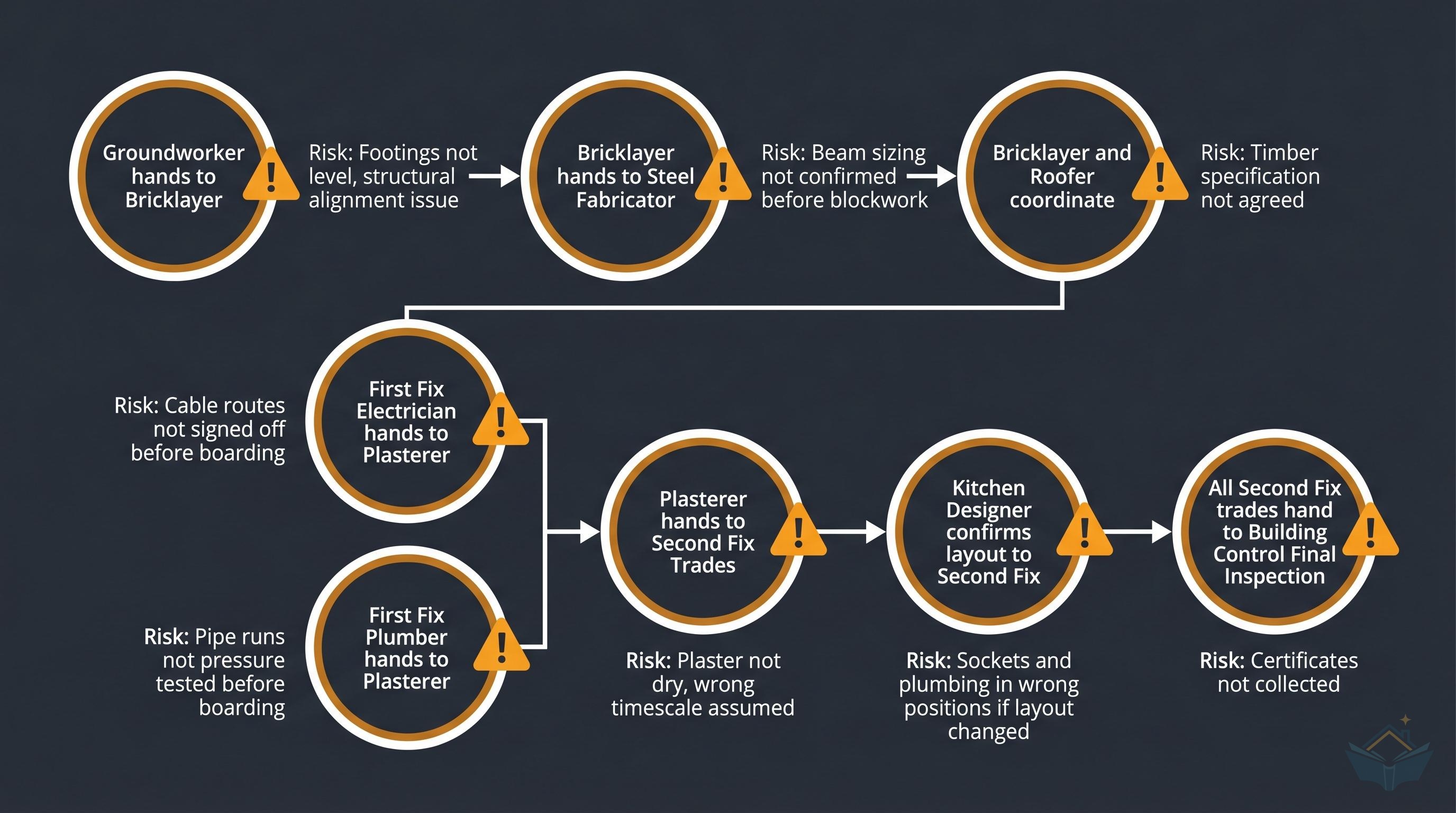 Trade interface risk map showing eight critical handover points when self-managing a UK kitchen extension, from groundworker to bricklayer through to second fix and final building control inspection, with amber risk warnings at each handover