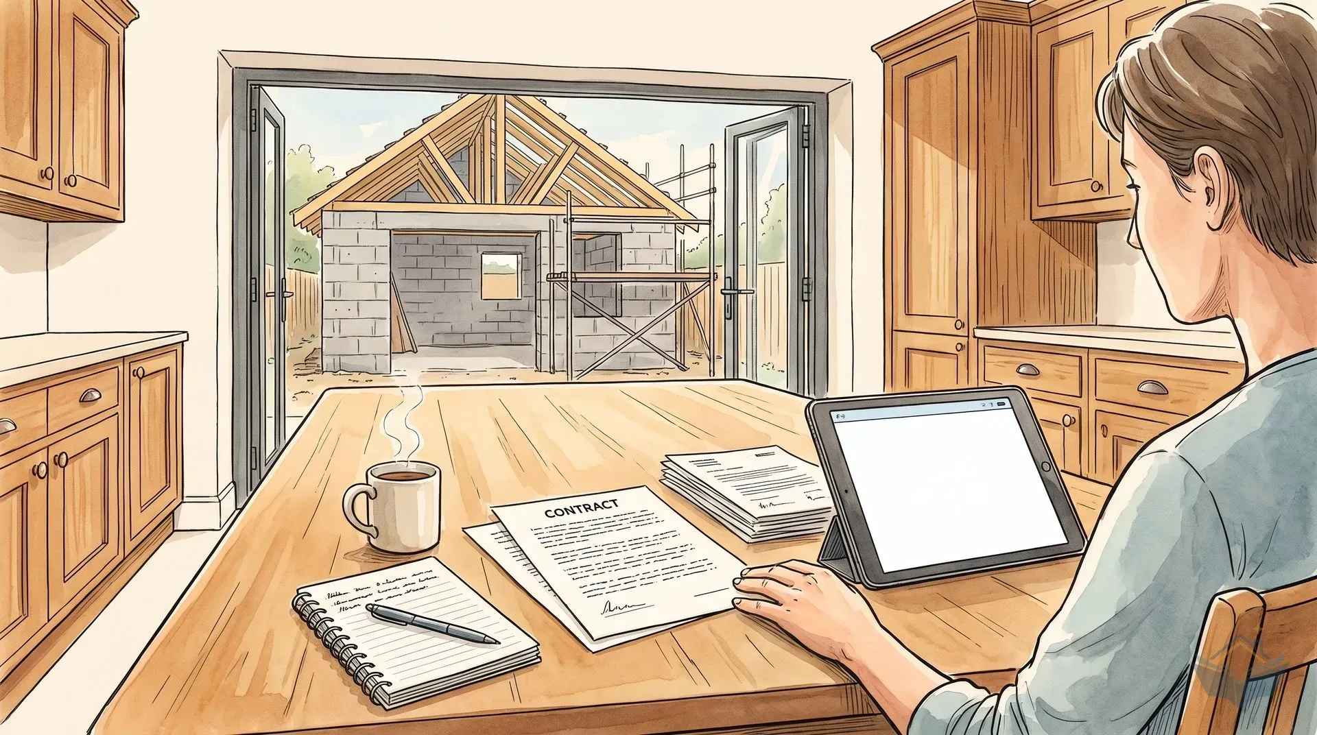 Watercolour illustration of a homeowner seen from behind at a wooden kitchen table, one hand resting near a tablet beside a printed contract, a notebook and a mug of tea, with a part-built single-storey extension visible through open bifold doors behind them