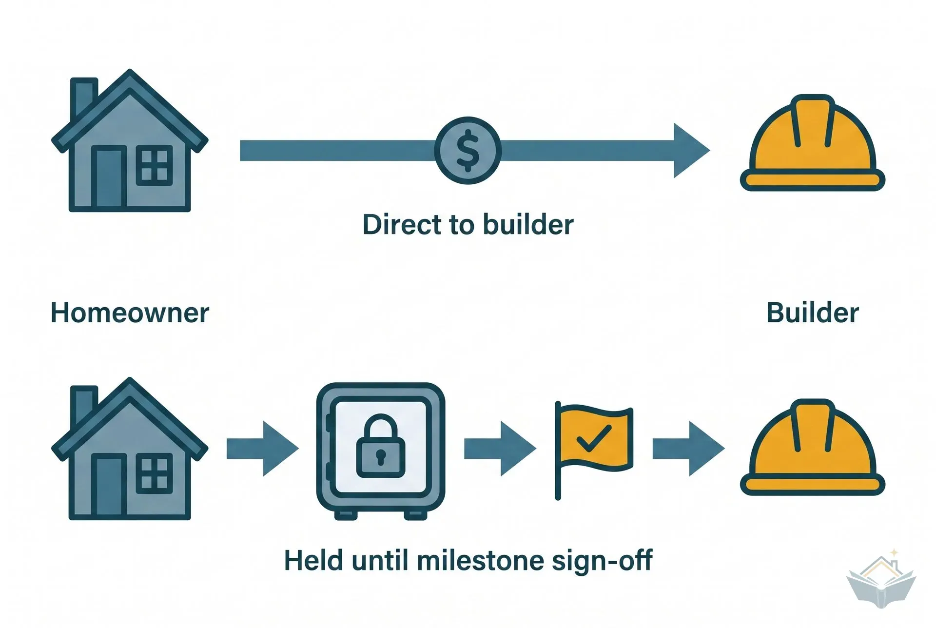 Flat vector diagram comparing two ways money moves to a builder: a direct arrow from a homeowner icon straight to a builder icon labelled "Direct to builder", against a homeowner icon whose money passes through a padlocked vault and a milestone sign-off flag before reaching the builder, labelled "Held until milestone sign-off"