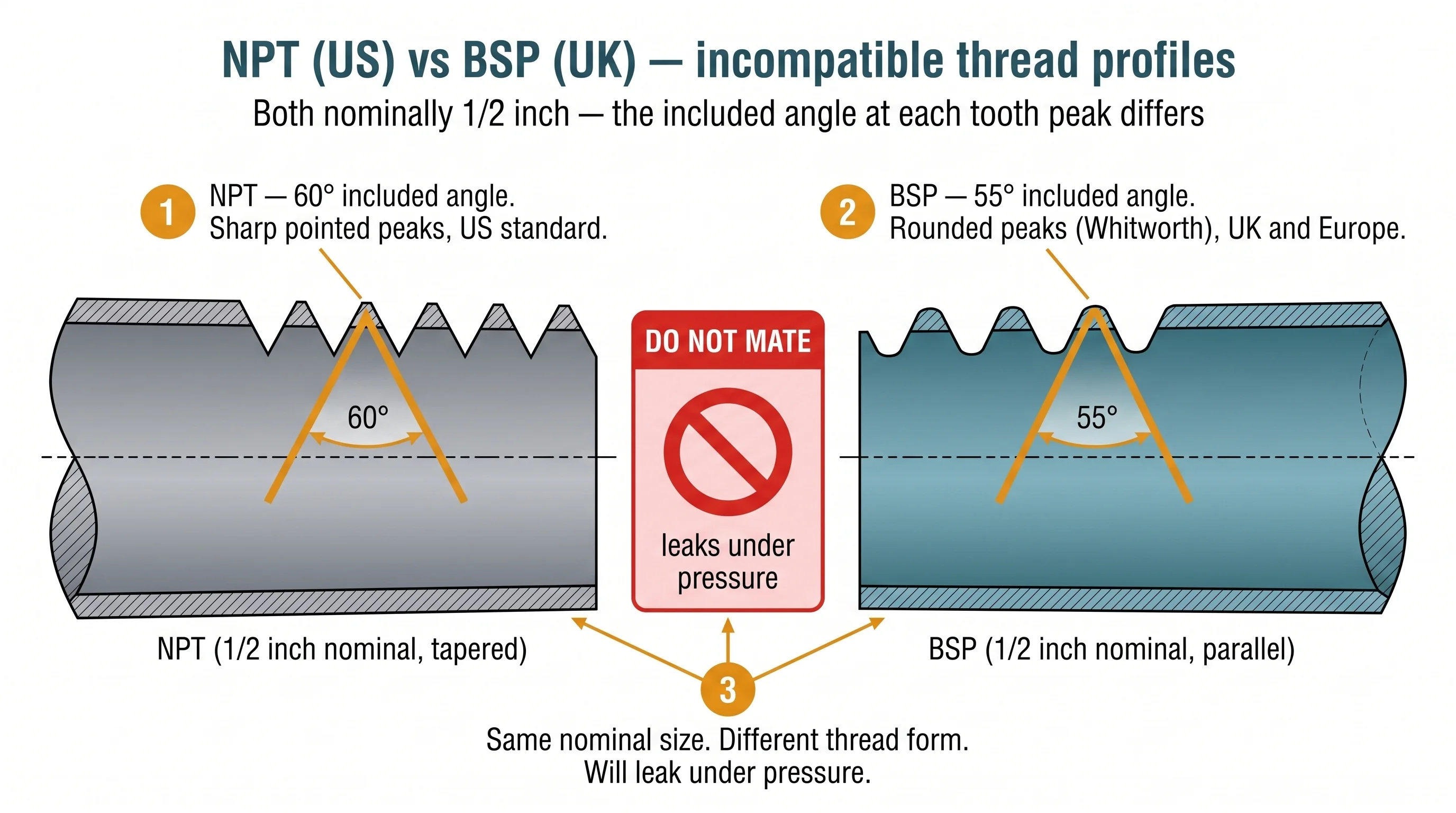 Cross-section of NPT (US) and BSP (UK) threaded pipe fittings side by side showing incompatible 60-degree and 55-degree thread angles. Both labelled 1/2 inch nominal but unable to mate without leaking
