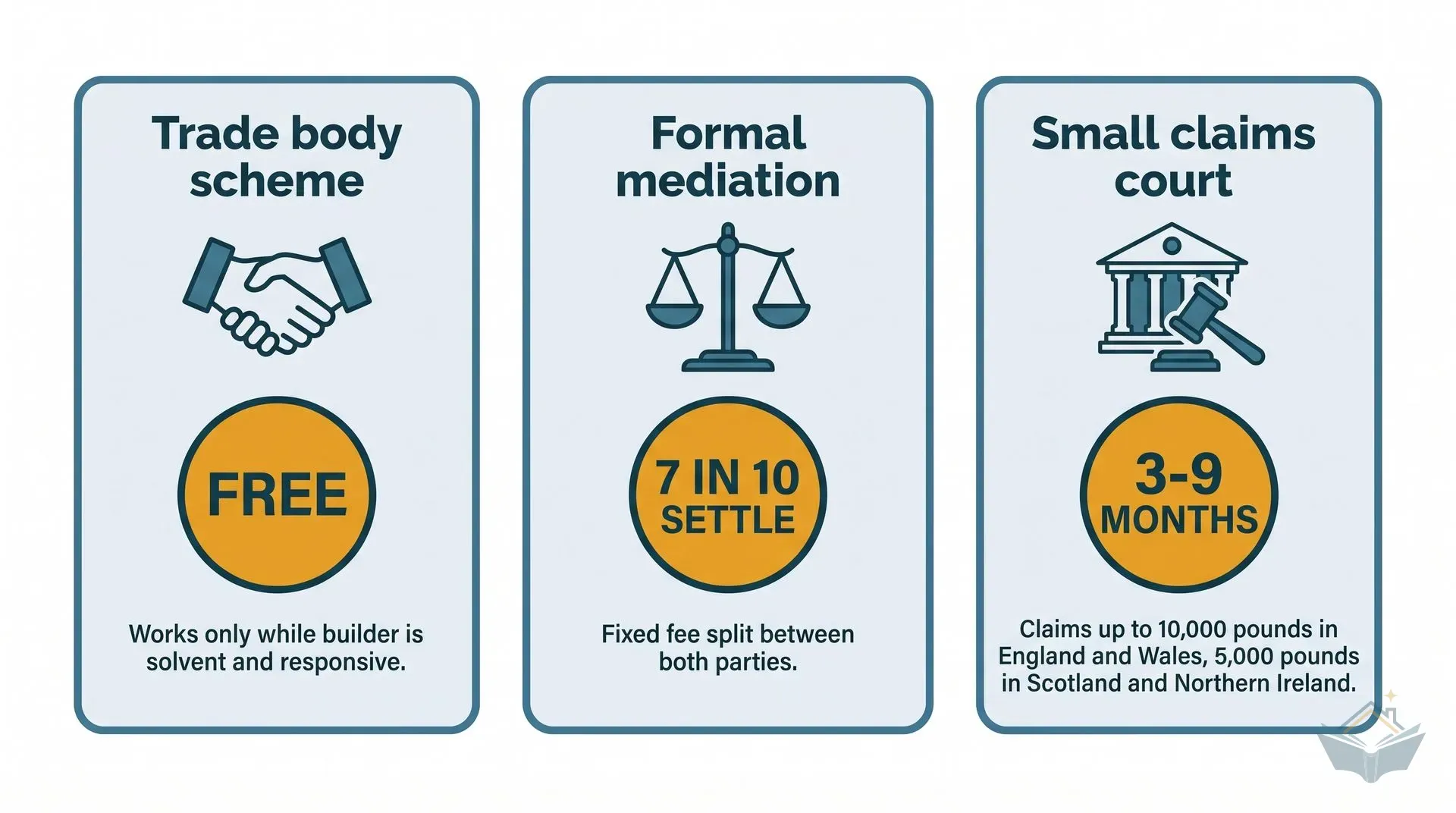 Three-panel comparison of escalation routes for a UK builder dispute: trade body scheme, free but only works while the builder is solvent and responsive; formal mediation, fixed fee split between both parties with around 7 in 10 cases settling; small claims court, claims up to 10,000 pounds in England and Wales and 5,000 pounds in Scotland and Northern Ireland, taking 3 to 9 months