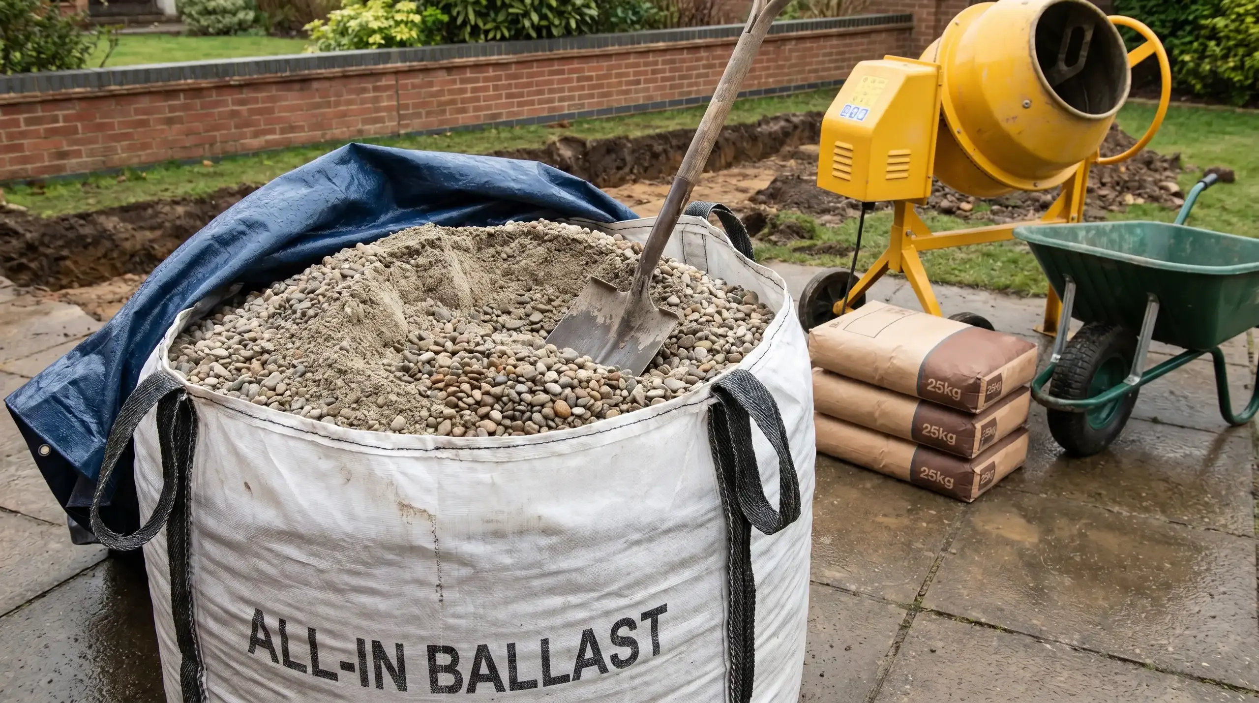 A bulk bag of all-in ballast on a building site, half-emptied beside a yellow concrete mixer and a stack of 25kg cement bags, with a 4m by 6m trench excavation visible in the background
