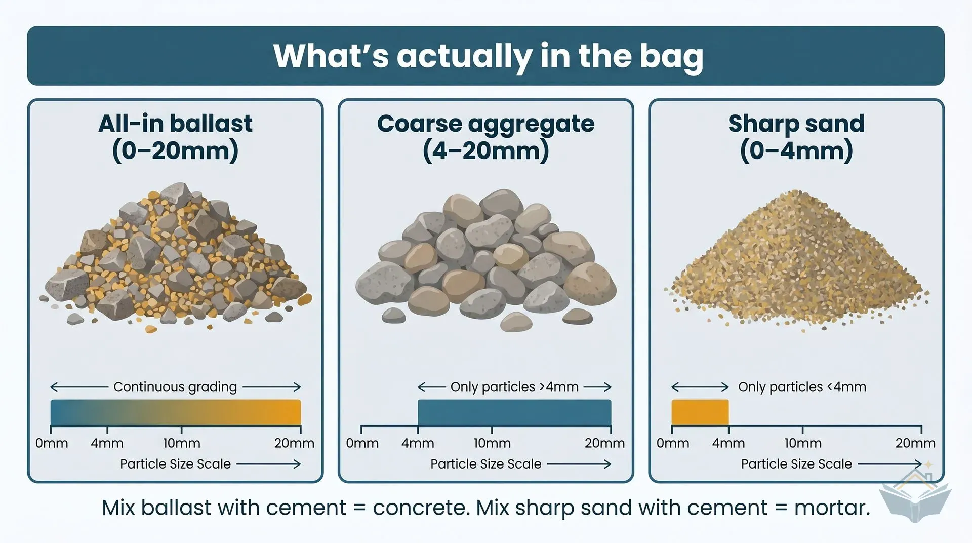 Three side-by-side panels showing what is physically inside each aggregate product: all-in ballast with a full mix of sand and gravel across the 0 to 20mm range, coarse aggregate with gravel only from 4 to 20mm, and sharp sand with fine particles from 0 to 4mm only. Particle-size bars below each pile illustrate the grading band for each product.
