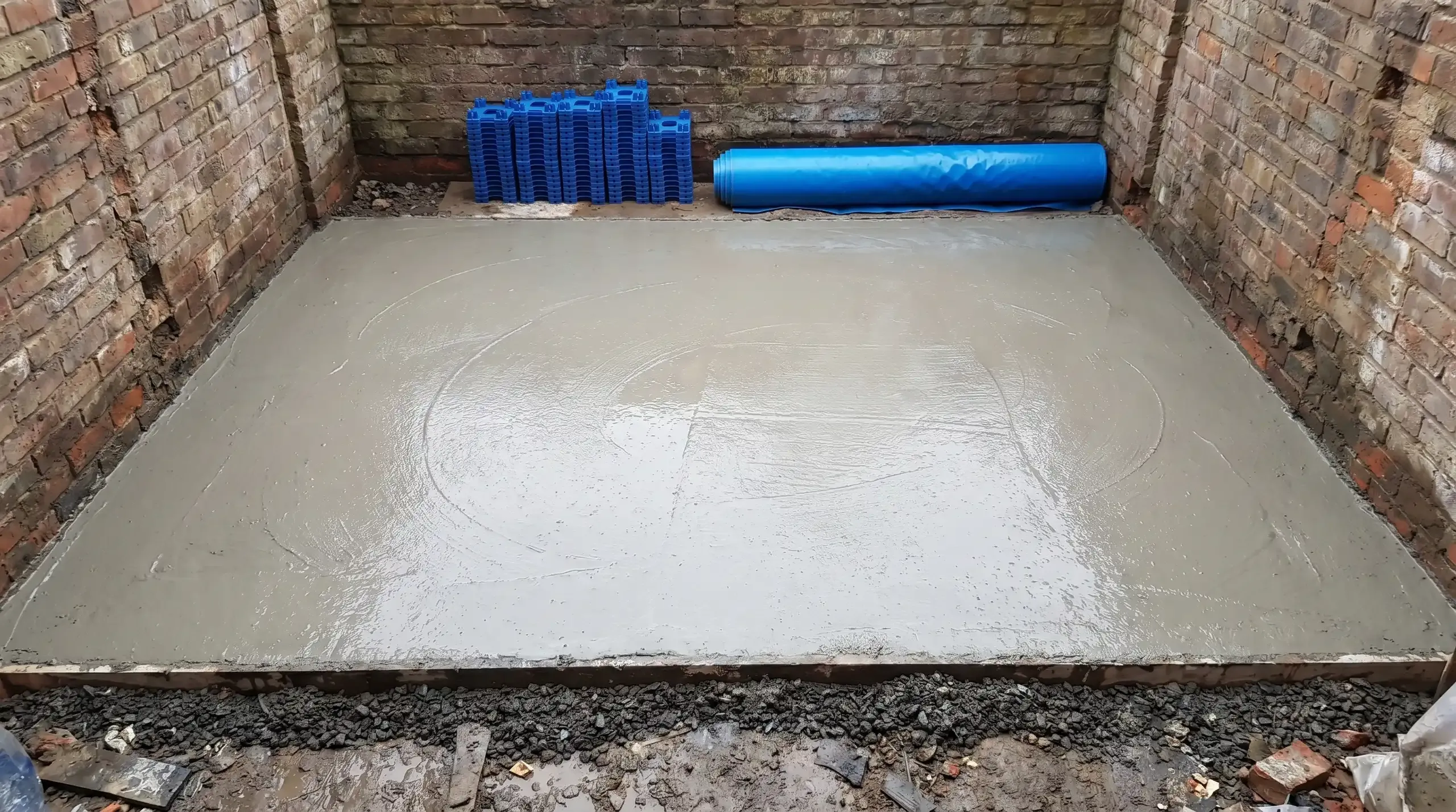 Freshly poured blinding concrete layer covering a compacted hardcore subbase inside an extension footprint, with reinforcement chairs and rolls of damp proof membrane stacked at the edge ready for the next stage