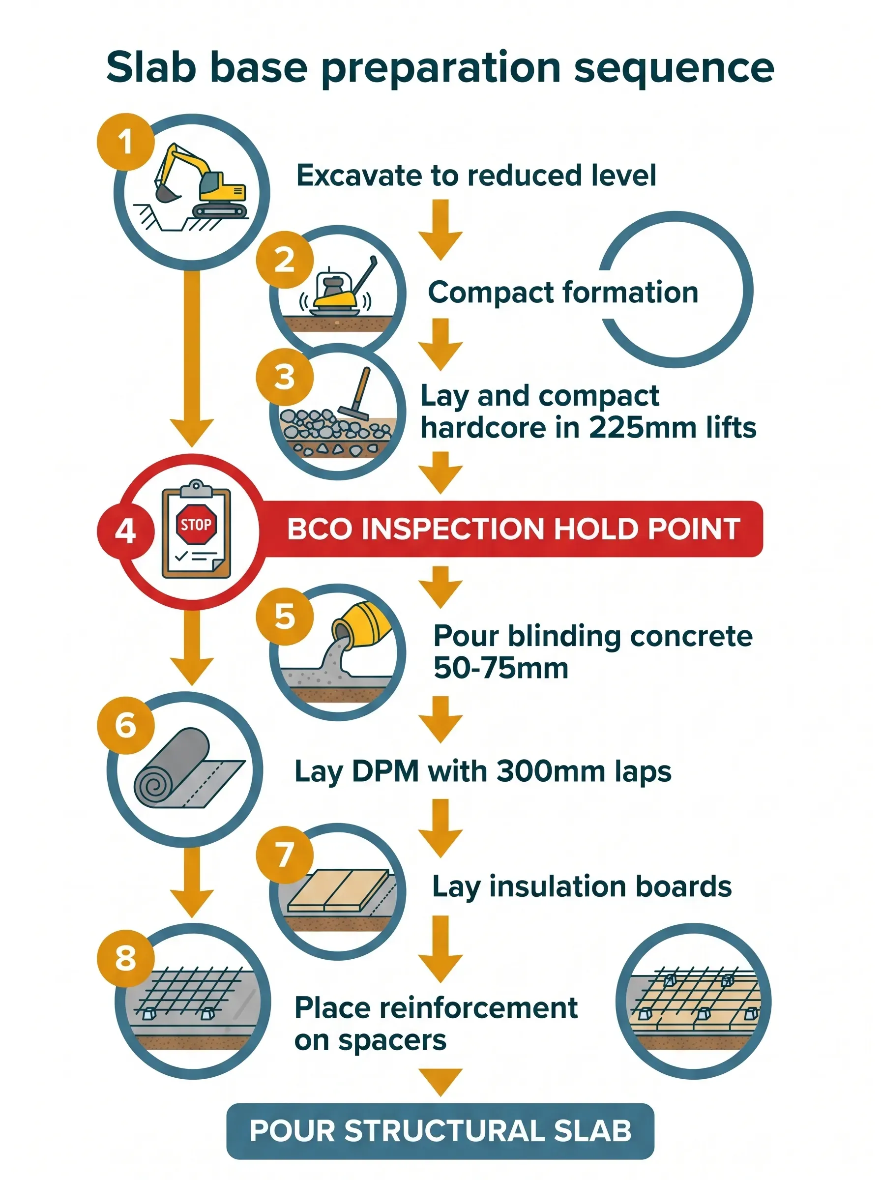 Vertical step-by-step infographic showing the eight-stage slab base preparation sequence from excavation through to placing reinforcement, with the building control inspection flagged as a hold point before blinding is poured.