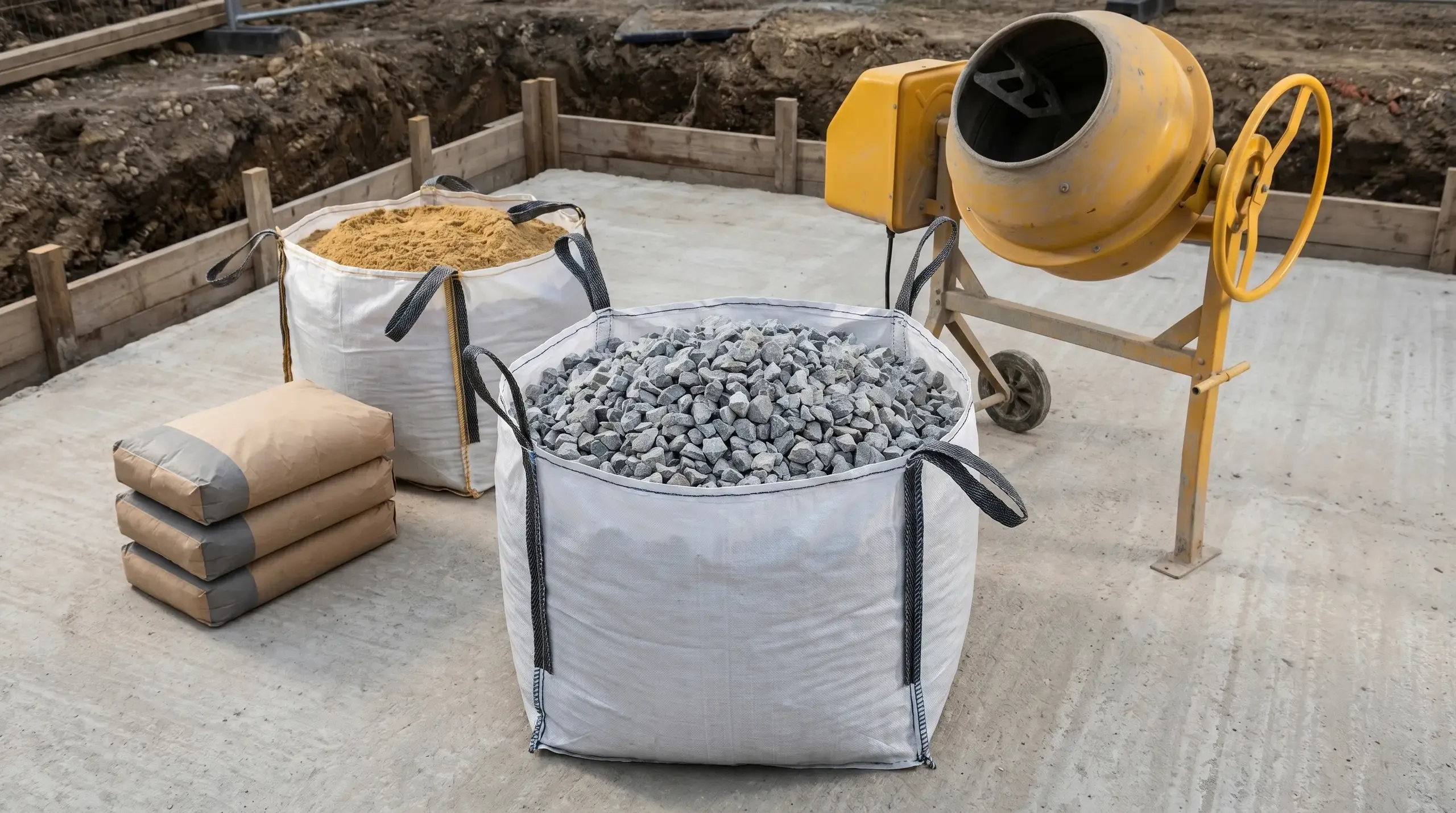 An 850kg bulk bag of 20mm coarse aggregate (clean grey concreting gravel) on a hardstanding next to a yellow Belle cement mixer, with bagged sharp sand and Portland cement nearby