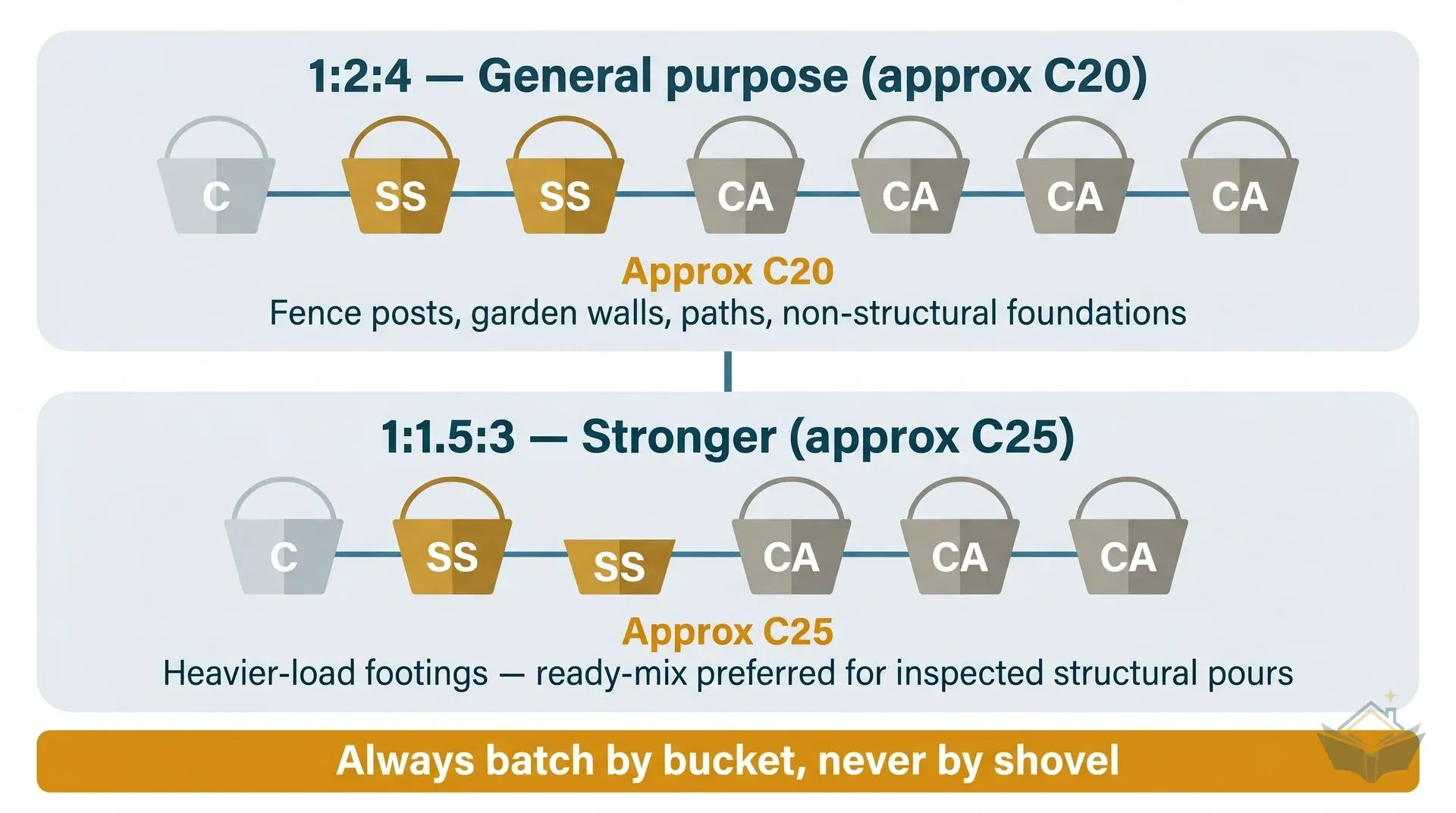 Two-panel infographic dashboard comparing site-mixed concrete volume batching ratios. Top panel shows 1:2:4 mix (1 cement bucket, 2 sharp sand buckets, 4 coarse aggregate buckets) labelled Approx C20, suited to fence posts, garden walls, paths, and non-structural foundations. Bottom panel shows 1:1.5:3 mix (1 cement, 1.5 sharp sand, 3 coarse aggregate) labelled Approx C25, for heavier-load footings where ready-mix is preferred for inspected structural pours. Amber footer banner reads: Always batch by bucket, never by shovel.
