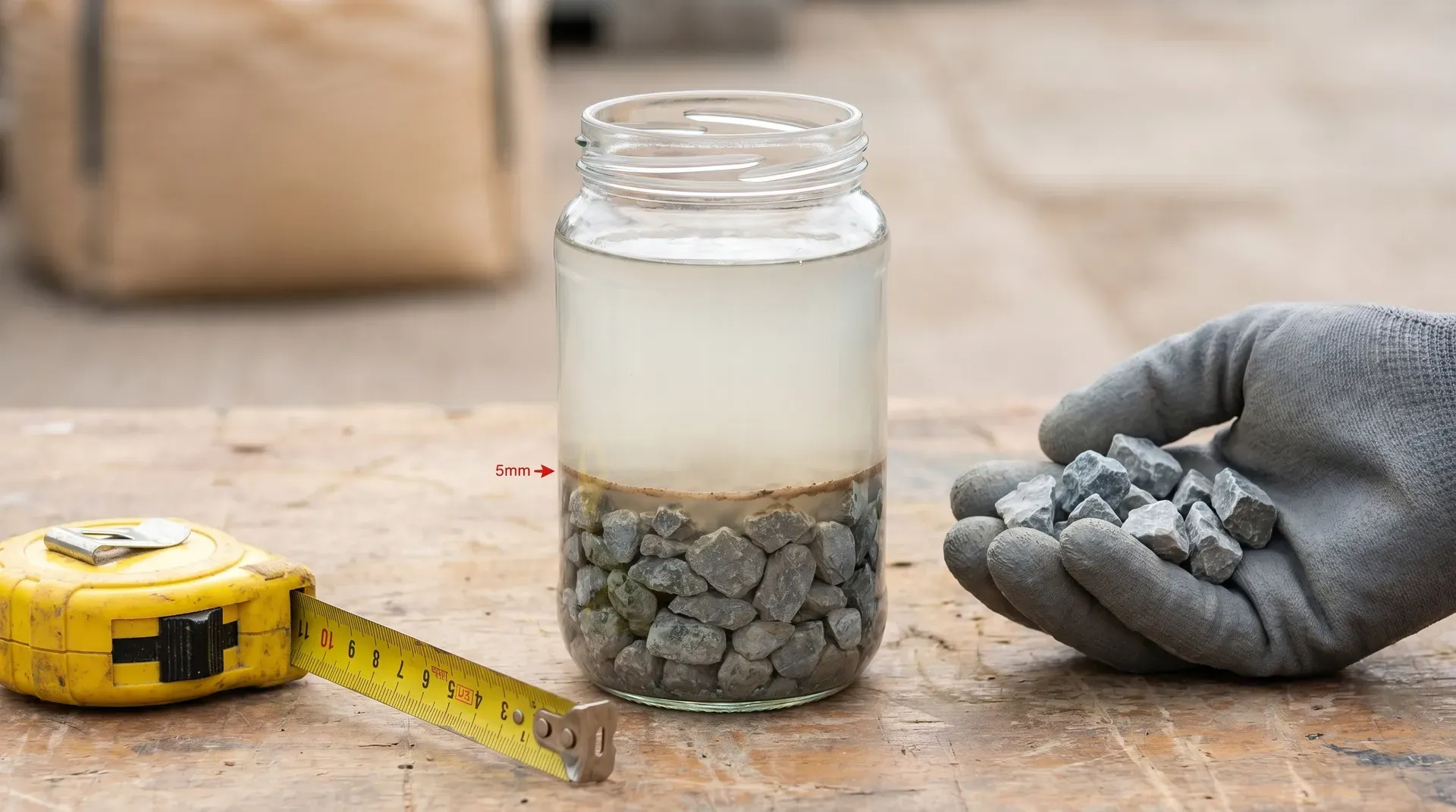 A clear glass jam jar on a workbench showing the aggregate silt test mid-settlement: clean grey 20mm stone at the bottom, slightly cloudy water above, and a thin brown silt band forming on top of the stones. A tape measure to the left indicates the 5mm pass/fail threshold, and a gloved hand to the right holds a handful of clean stone.