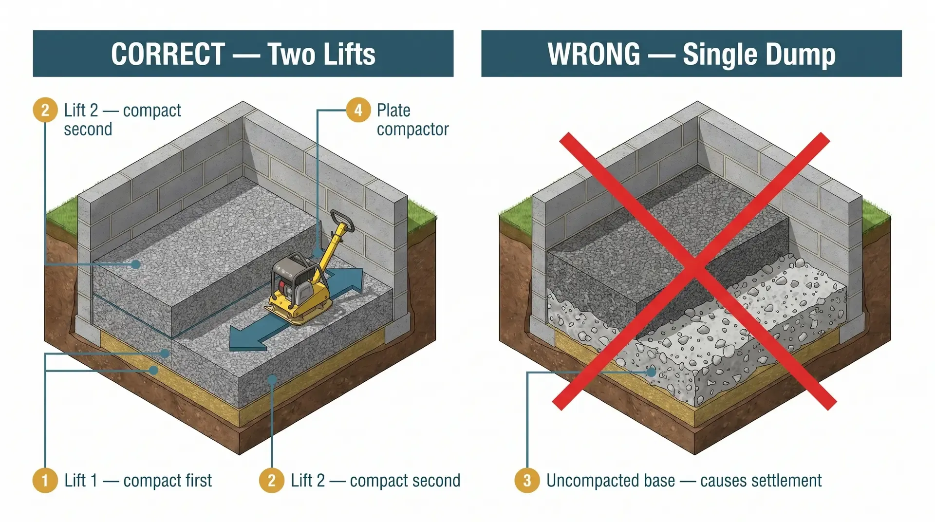 Side-by-side cross-section diagrams comparing the correct two-lift compaction method (two 75mm layers each individually compacted) against the wrong single 150mm dump method, which leaves the base layer uncompacted and causes slab settlement.