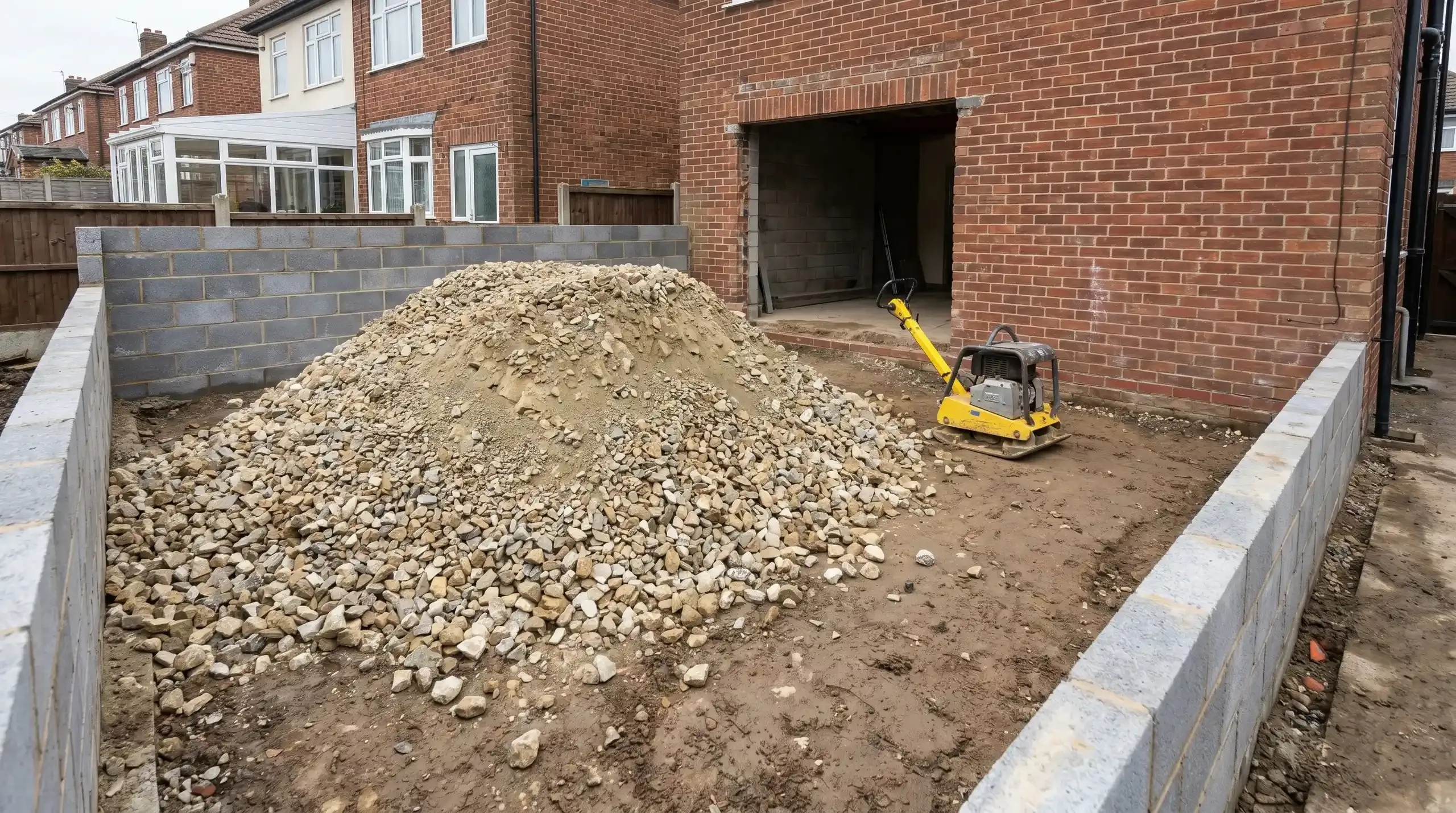Pile of golden-grey crushed limestone MOT Type 1 hardcore tipped onto bare ground inside the foundation walls of a new single-storey rear extension, with blockwork footings visible around the perimeter