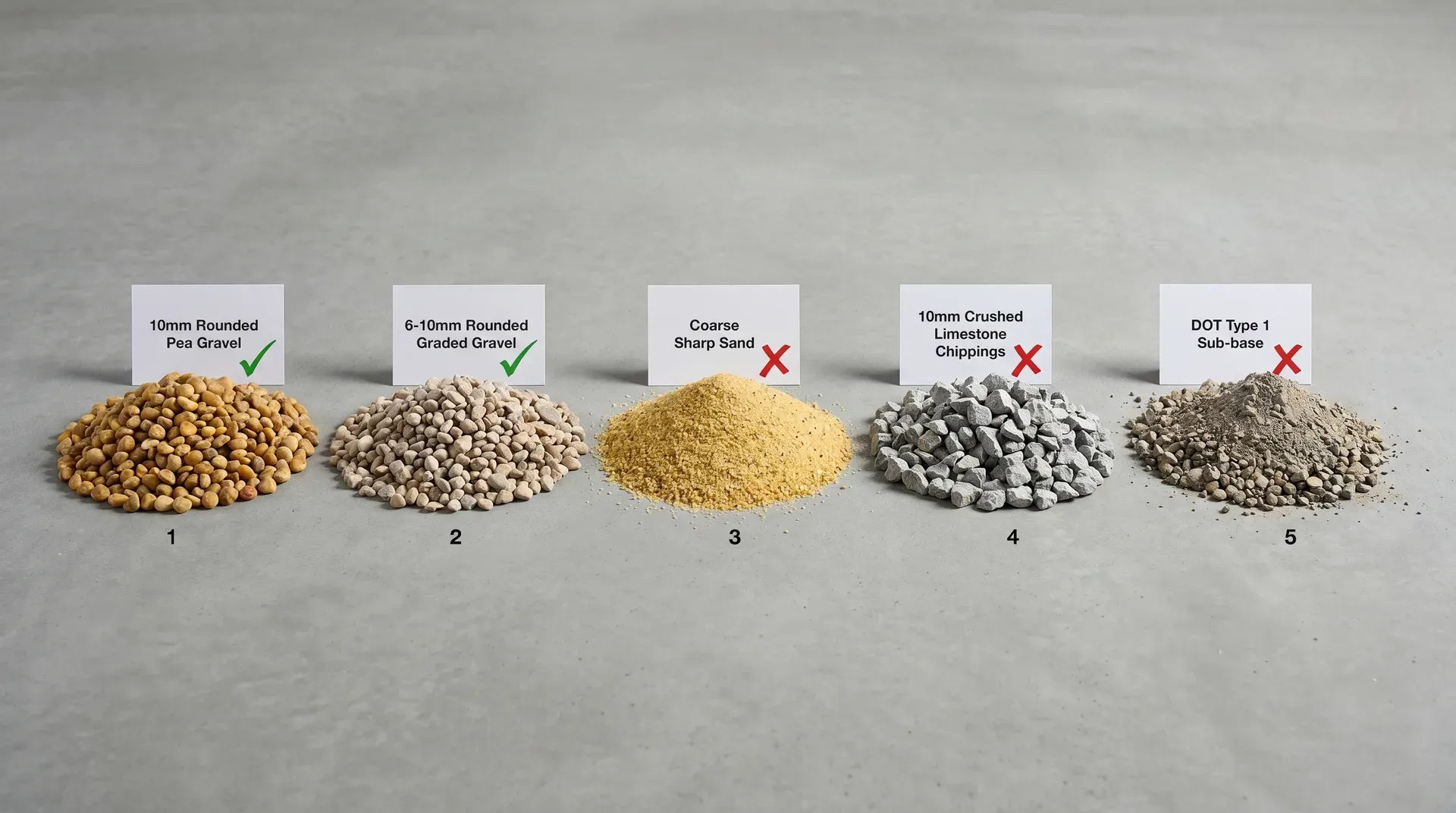 Five small piles of aggregate on a grey concrete surface showing correct and incorrect drainage pipe bedding materials: 10mm rounded pea gravel, 6-10mm graded gravel, sharp sand, crushed limestone chippings, and DOT Type 1 sub-base, each labelled with a tick or cross.