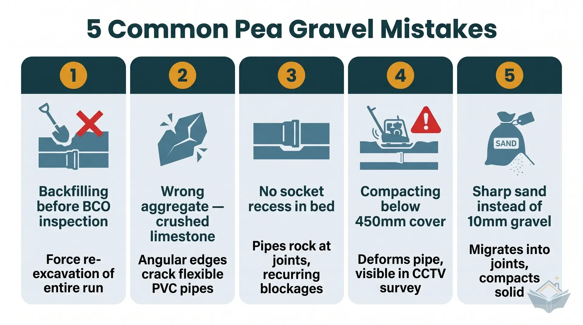 Five-panel infographic showing common pea gravel installation mistakes: backfilling before BCO inspection, using the wrong aggregate type, skipping socket recesses in the bedding, mechanical compaction at less than 450mm cover, and ordering enough for the bed but not the surround.