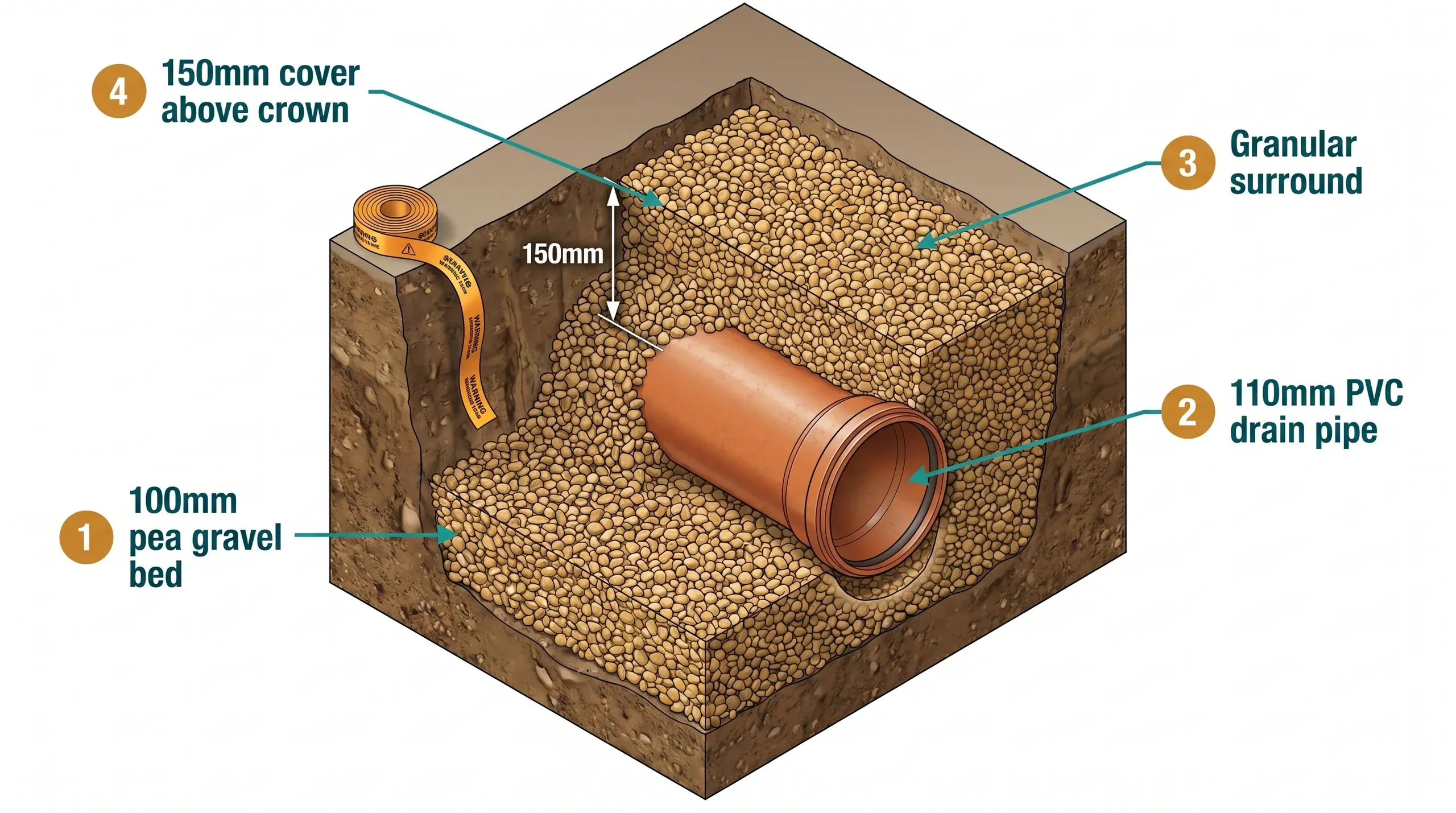 Open drainage trench with a 110mm orange-brown PVC drainage pipe bedded on a layer of rounded 10mm pea gravel, with the same gravel packed as surround up to 150mm above the pipe crown, ready for building control inspection