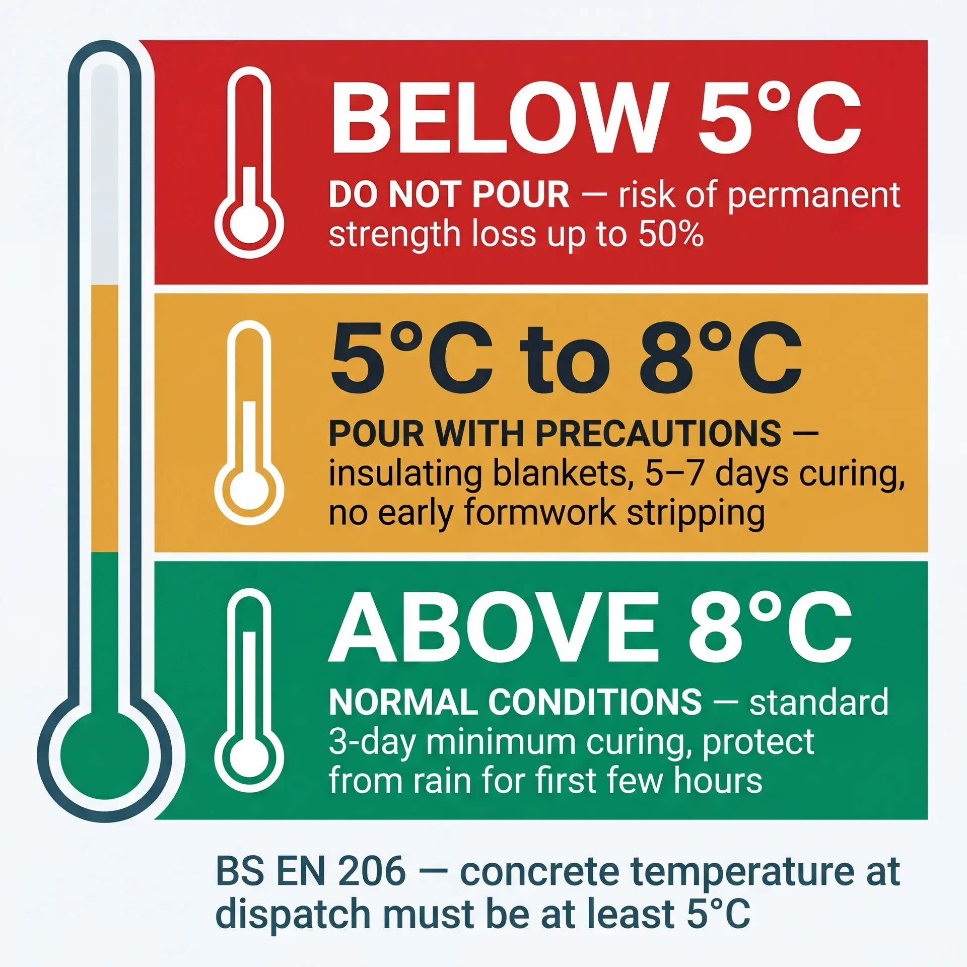 Temperature threshold guide for concrete pouring decisions showing three coloured zones: red zone below 5°C with 'DO NOT POUR' instruction, amber zone from 5–8°C with precautions including insulating blankets and 5–7 day curing, and green zone above 8°C for normal conditions with standard 3-day minimum curing.