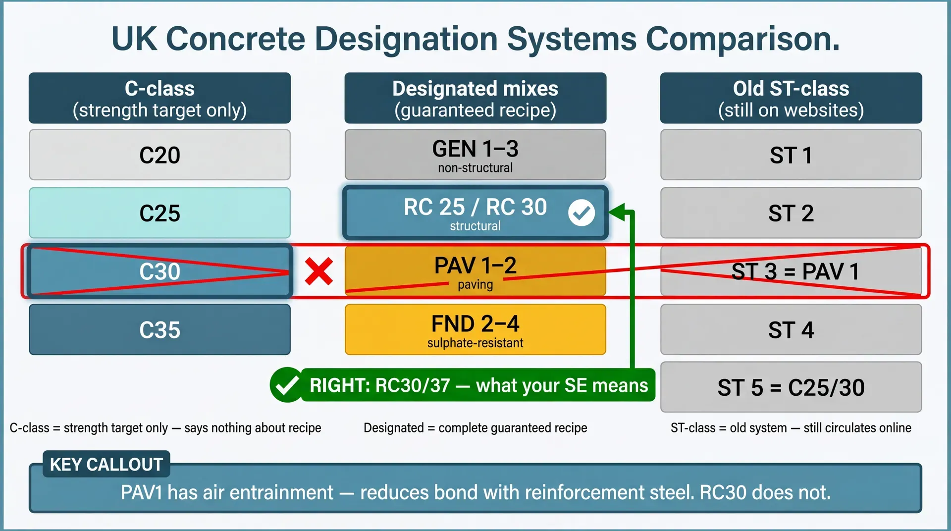 Side-by-side comparison of three UK concrete designation systems. Three columns show C-class strength targets (C20, C25, C30, C35), designated mixes (GEN, RC, PAV, FND families with their use cases), and the old ST-class. A red danger zone highlights C30/PAV1/ST3 as wrong for reinforced structural work, with a green arrow pointing to RC30/37 as the correct designation. A callout explains that PAV1 has air entrainment that reduces bond with reinforcement steel.
