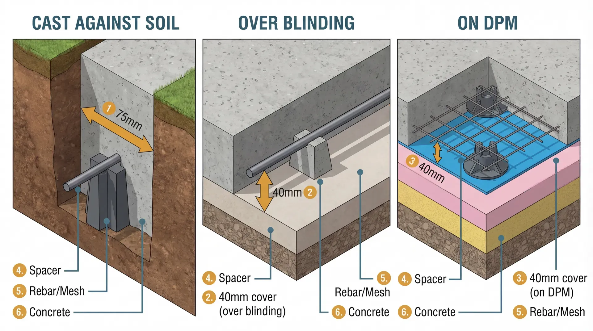 Three side-by-side cross-section panels showing required cover depths: left panel shows 75mm spacer under rebar cast directly against soil in a trench; centre panel shows 40mm spacer under rebar over blinding concrete; right panel shows 40mm spacer under mesh on DPM and insulation.