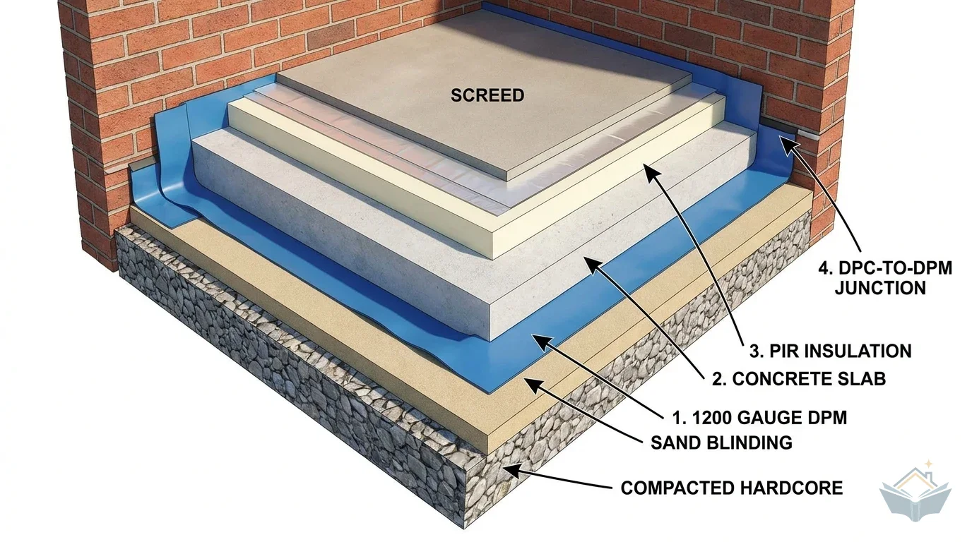 Isometric cutaway cross-section of a UK extension ground floor showing seven layers from compacted hardcore at the bottom through sand blinding, 1200 gauge DPM, concrete slab, PIR insulation, slip layer, and screed at the top. Numbered callouts identify the DPM, concrete slab, PIR insulation, and the DPC-to-DPM junction at the perimeter wall. A legend panel lists all seven layers.