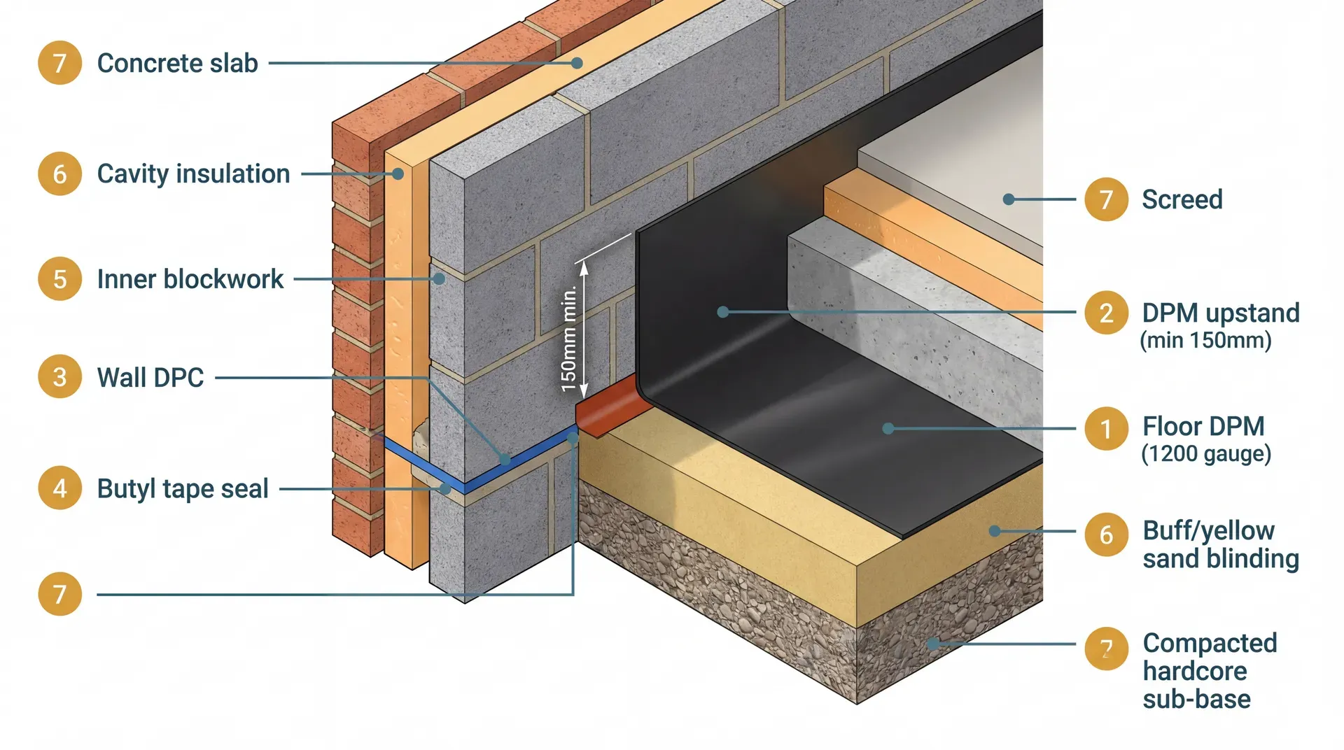 Close-up cross-section diagram showing a floor DPM sheet turning up 150mm at the perimeter wall to overlap the wall DPC, sealed with butyl jointing tape. The cavity wall construction shows inner blockwork, cavity insulation, and outer brick leaf. Labels identify the DPM upstand, DPC strip, butyl tape seal, and the concrete slab above.