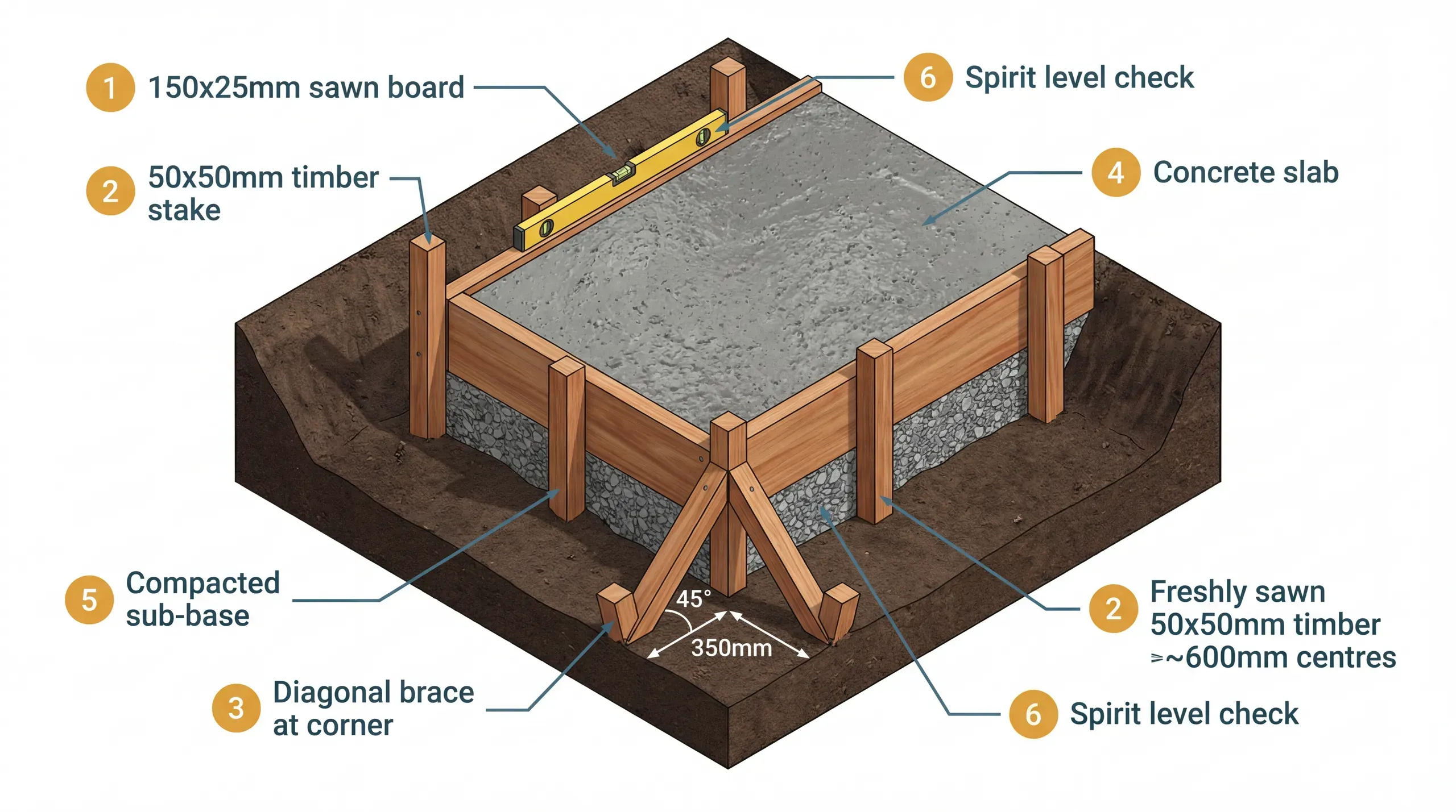 Sawn timber formwork boards staked and braced around the perimeter of a concrete slab pour for a single-storey rear extension, with fresh concrete visible inside