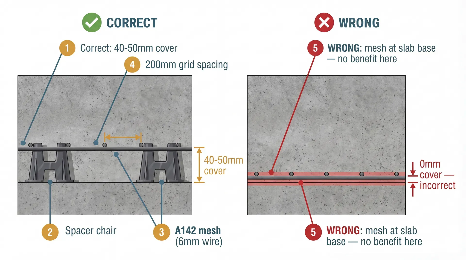 Side-by-side cross-section diagram comparing correct and incorrect A142 mesh placement in a 100mm concrete slab: on the left, correct installation shows the mesh on a spacer chair 40 to 50mm above the slab base with a green tick; on the right, incorrect installation shows the mesh resting at the very bottom of the slab with no spacer and a red X