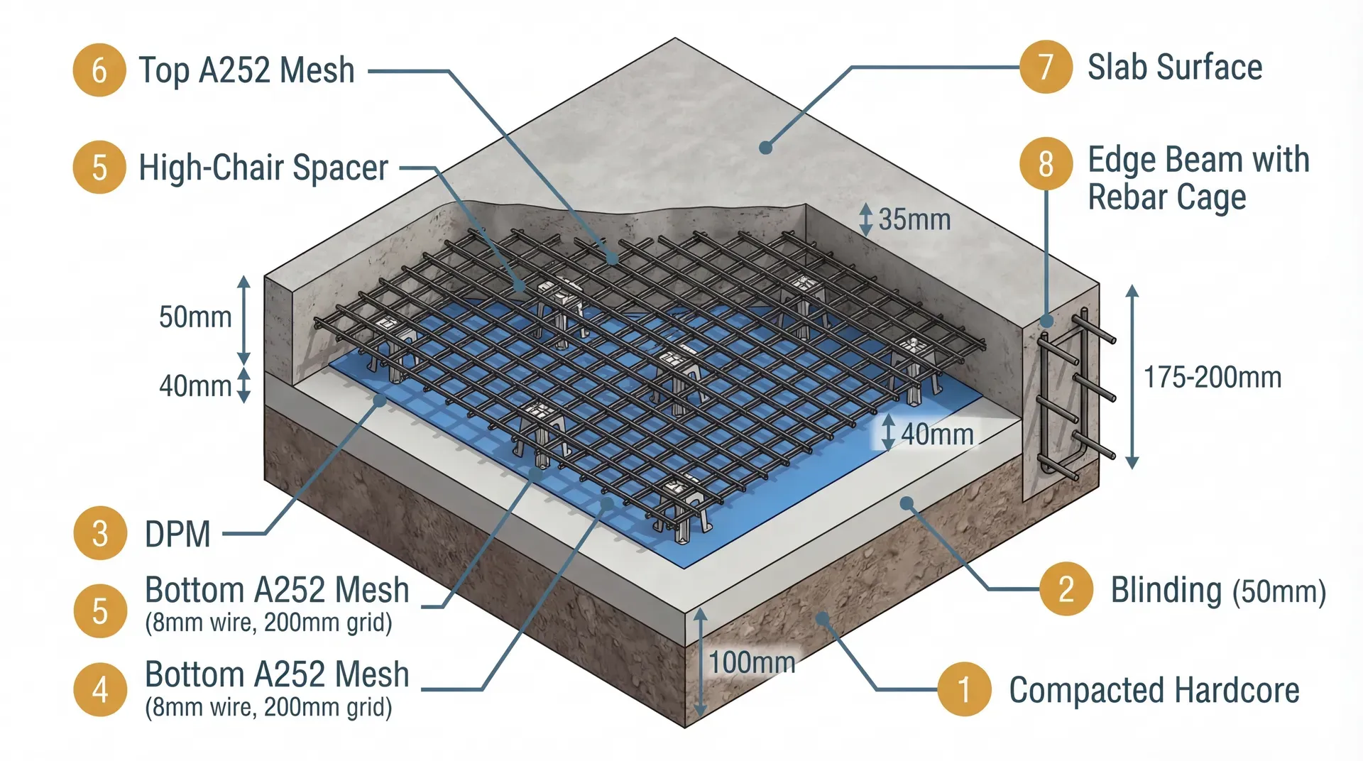 Isometric cutaway cross-section of a raft foundation showing double-layer A252 mesh placement: bottom mesh on 40mm spacers over blinding and DPM, tall high-chair spacers supporting the top mesh layer, with the entire slab (175-200mm) filled with concrete and an edge beam with rebar cage visible on one side.