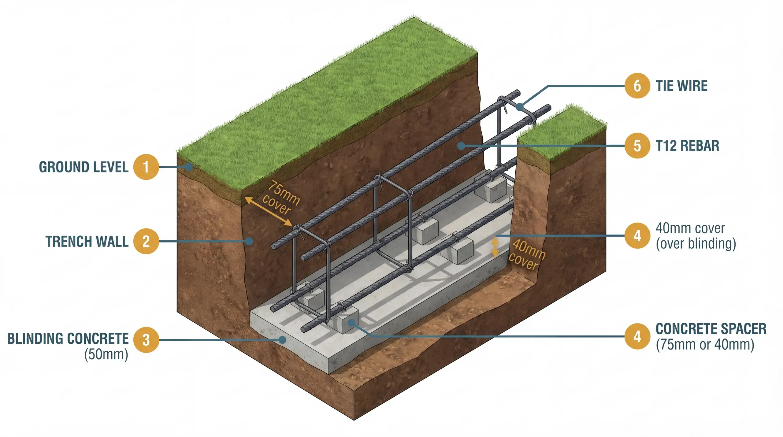 12mm ribbed steel reinforcement bars tied together with wire in a foundation trench, with concrete spacers maintaining cover from the earth below