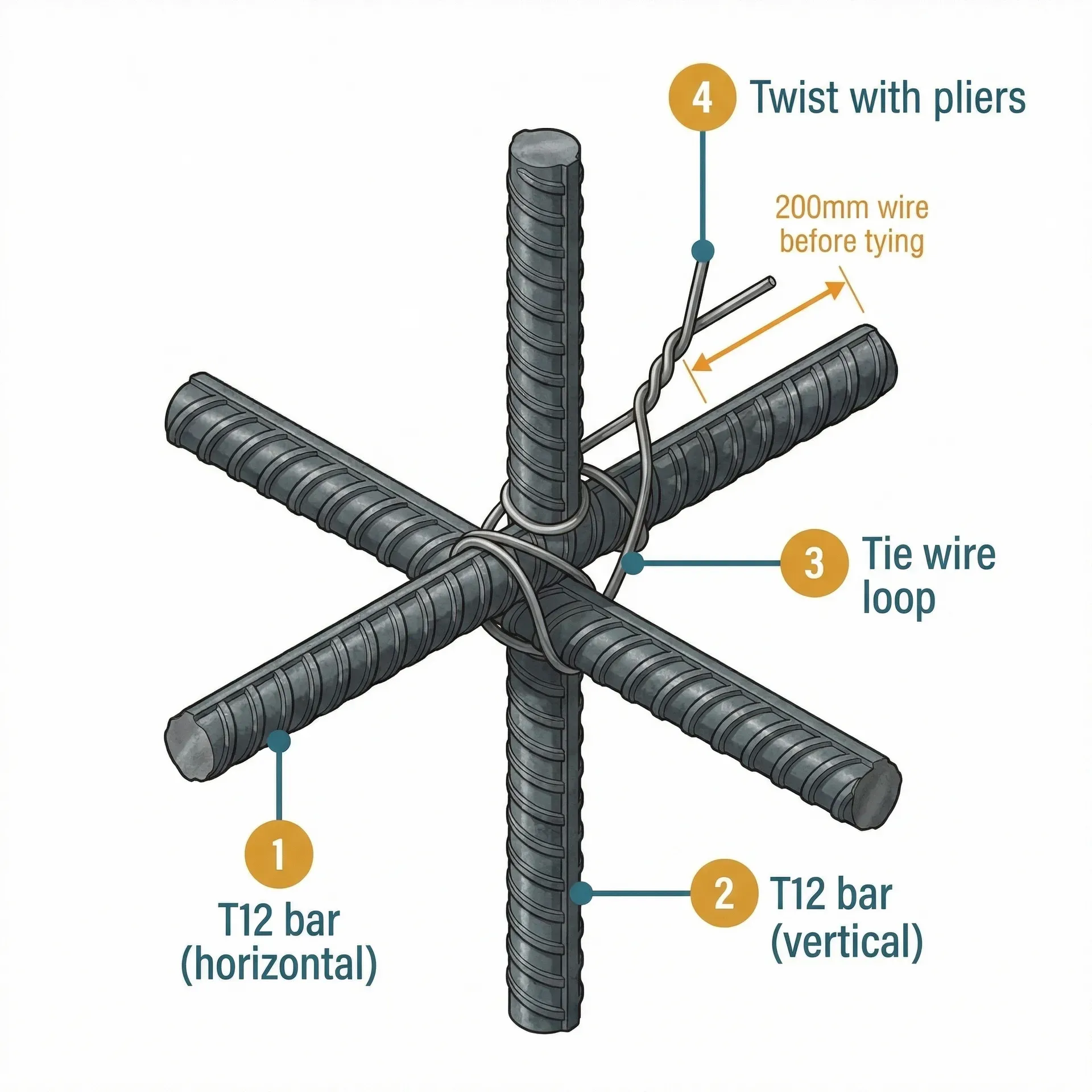 Close-up isometric technical diagram of two 12mm ribbed steel rebar bars crossing at right angles with tie wire looped diagonally around the intersection and twisted tight, showing the four key elements: horizontal T12 bar, vertical T12 bar, tie wire loop, and pliers twist