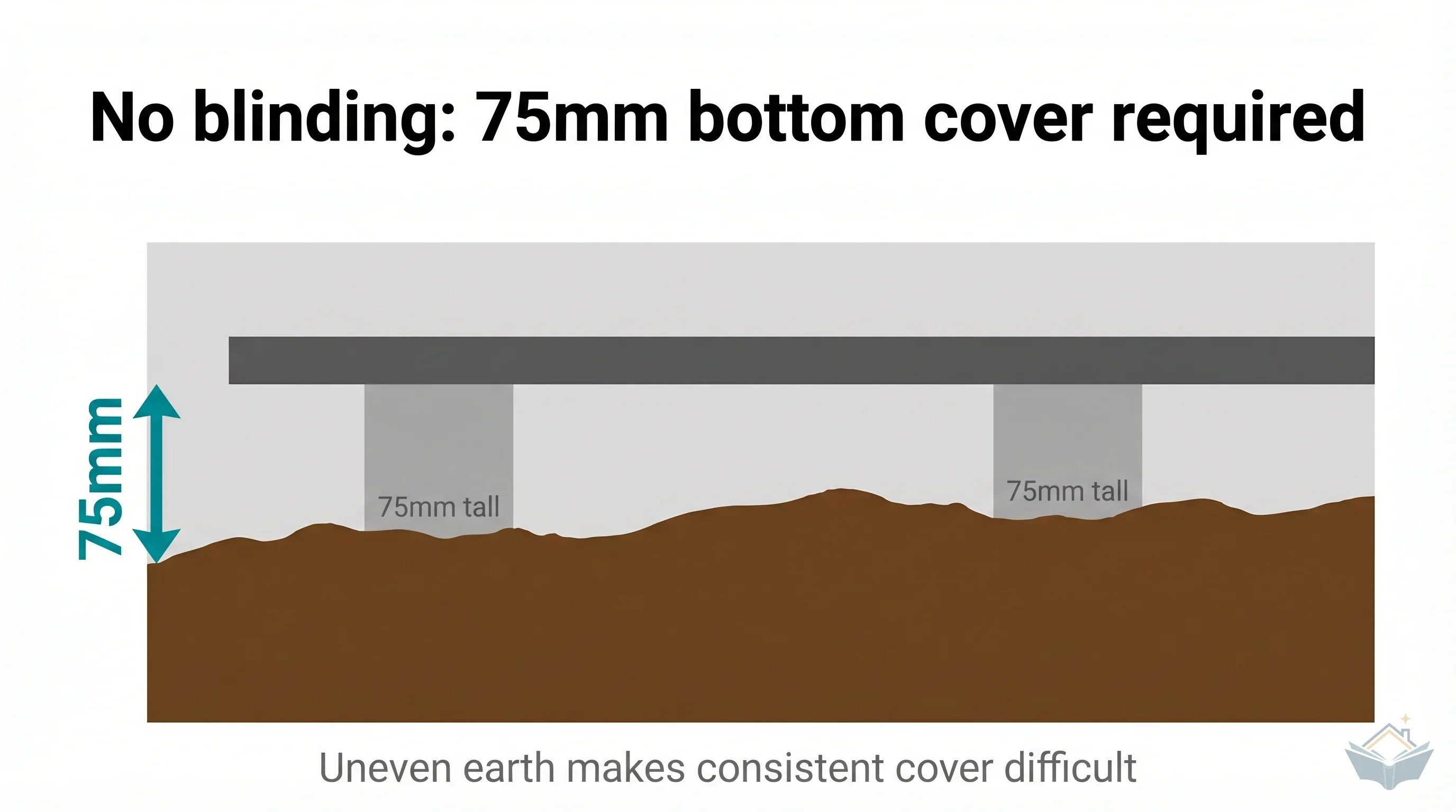 Infographic showing rebar on 75mm concrete spacers above rough uneven earth, with a teal dimension arrow indicating 75mm bottom cover required when cast directly against earth with no blinding