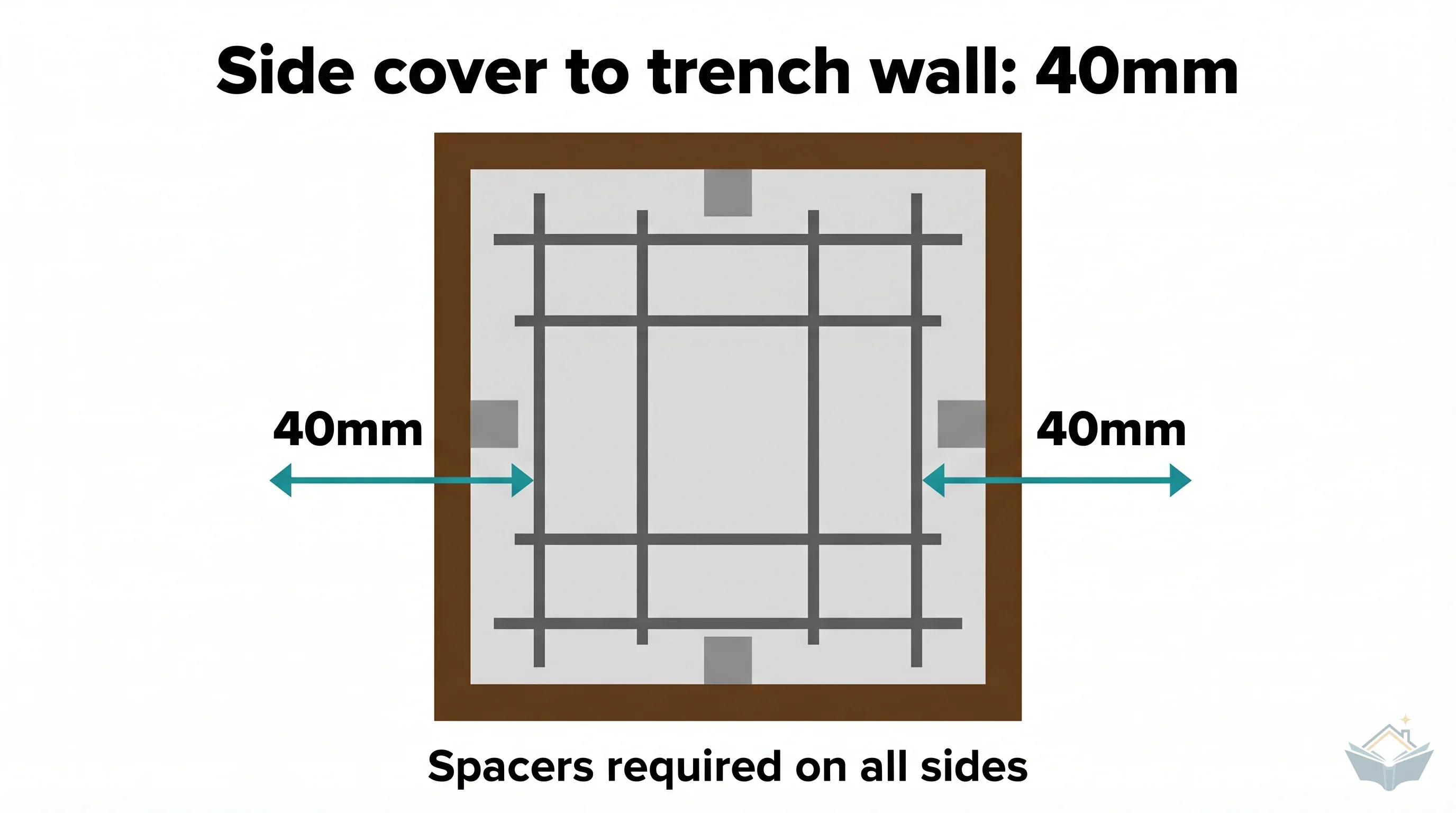 Top-down plan view infographic showing a rebar cage inside a trench outline, with concrete spacer blocks on all four sides and teal arrows indicating 40mm side cover to the trench walls